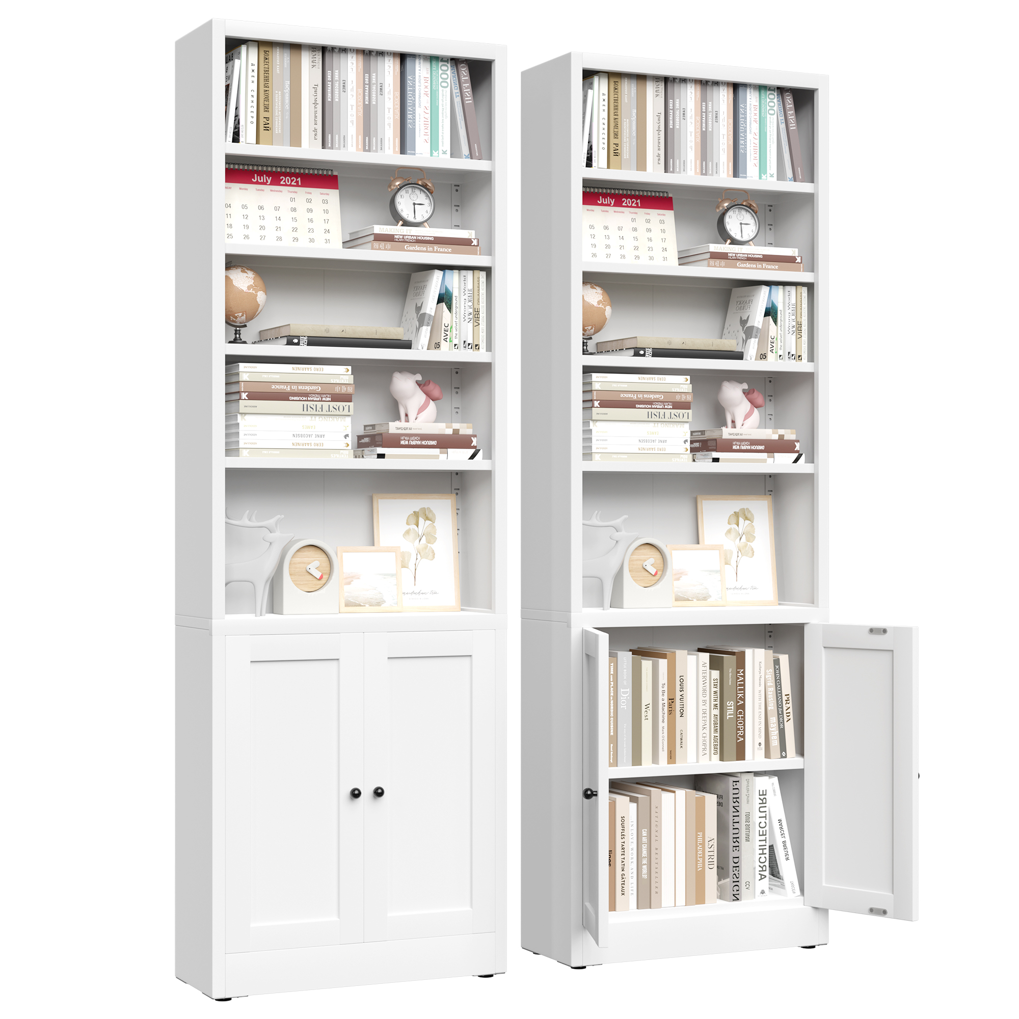 Metal Bookcase, 71 Inch Tall 5-Tier Bookshelf With Door, Industrial White Bookshelf With Adjustable Shelves, 9.2  Deep Storage Shelf For Living Room, Office, Library, Modern Home Furniture