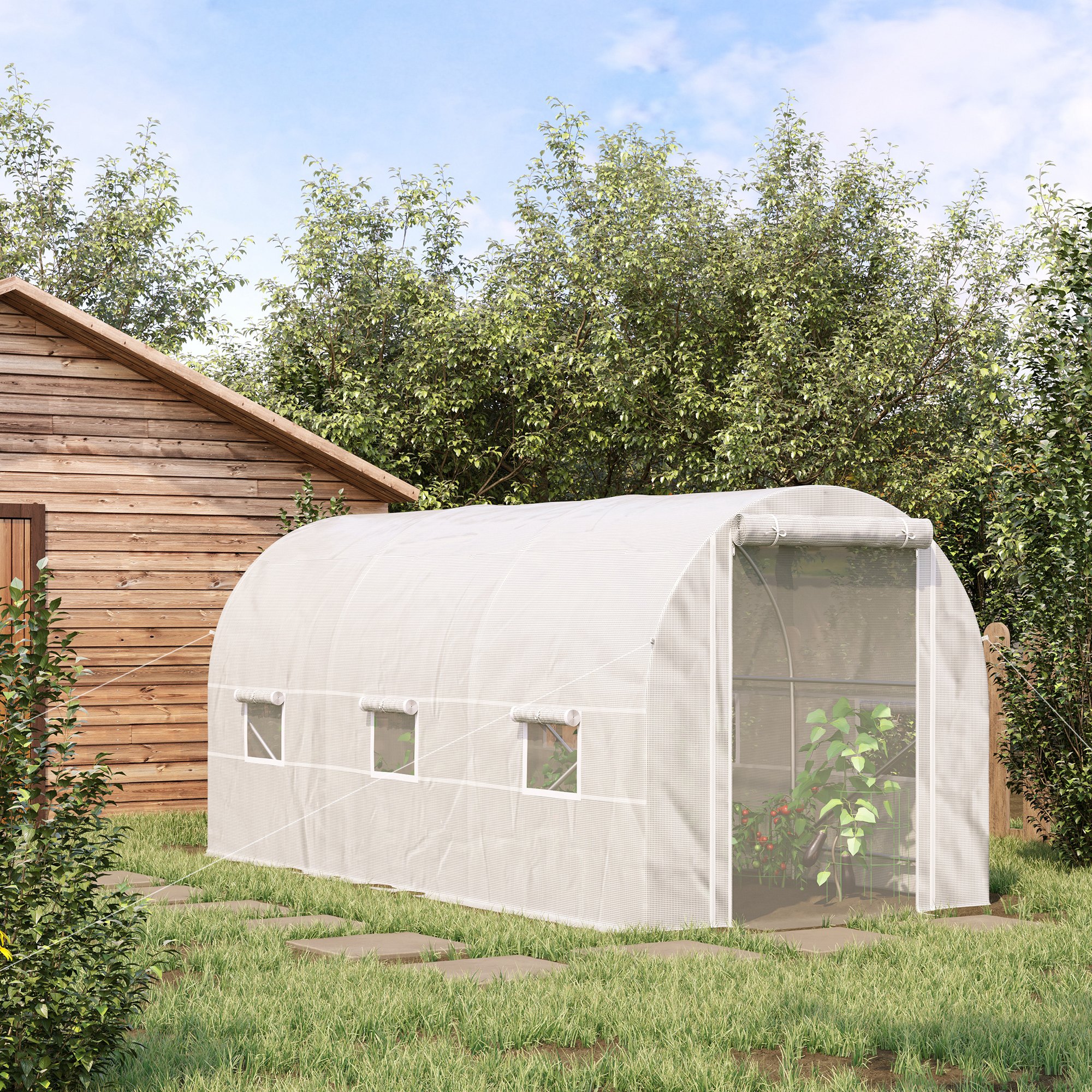 14.6 x 6.6 x 6.6 Walk-In Tunnel Greenhouse, Large Garden Hot House Kit with 6 Roll-up Windows & Roll Up Door, Steel Frame, White