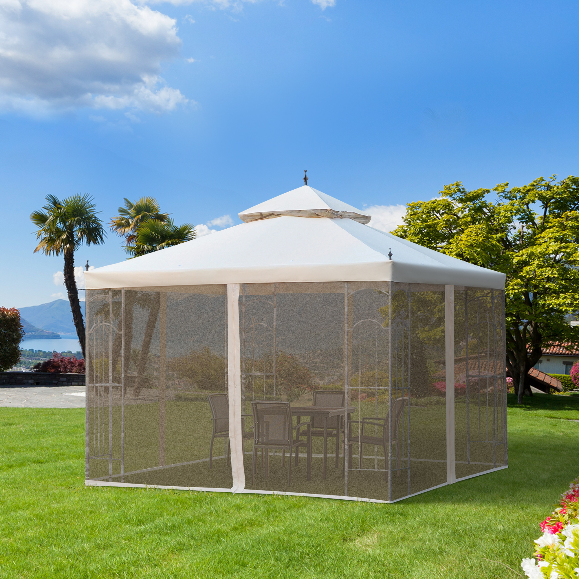 10 x 10 Patio Gazebo with Corner Frame Shelves, Double Roof Outdoor Gazebo Canopy Shelter with Netting for Patio, Wedding, Catering & Events, Cream White