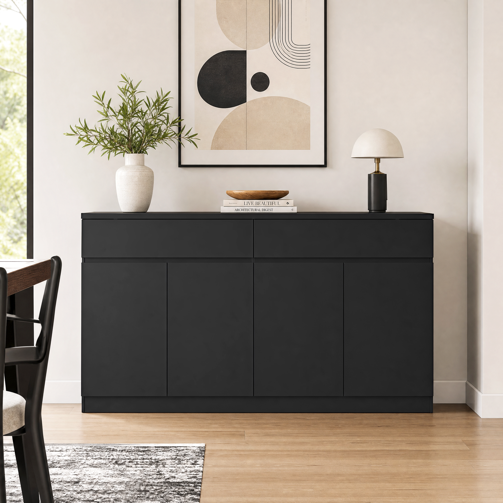 Bufetero/aparador de madera con 2 cajones y 4 puertas para cocina/comedor, negro