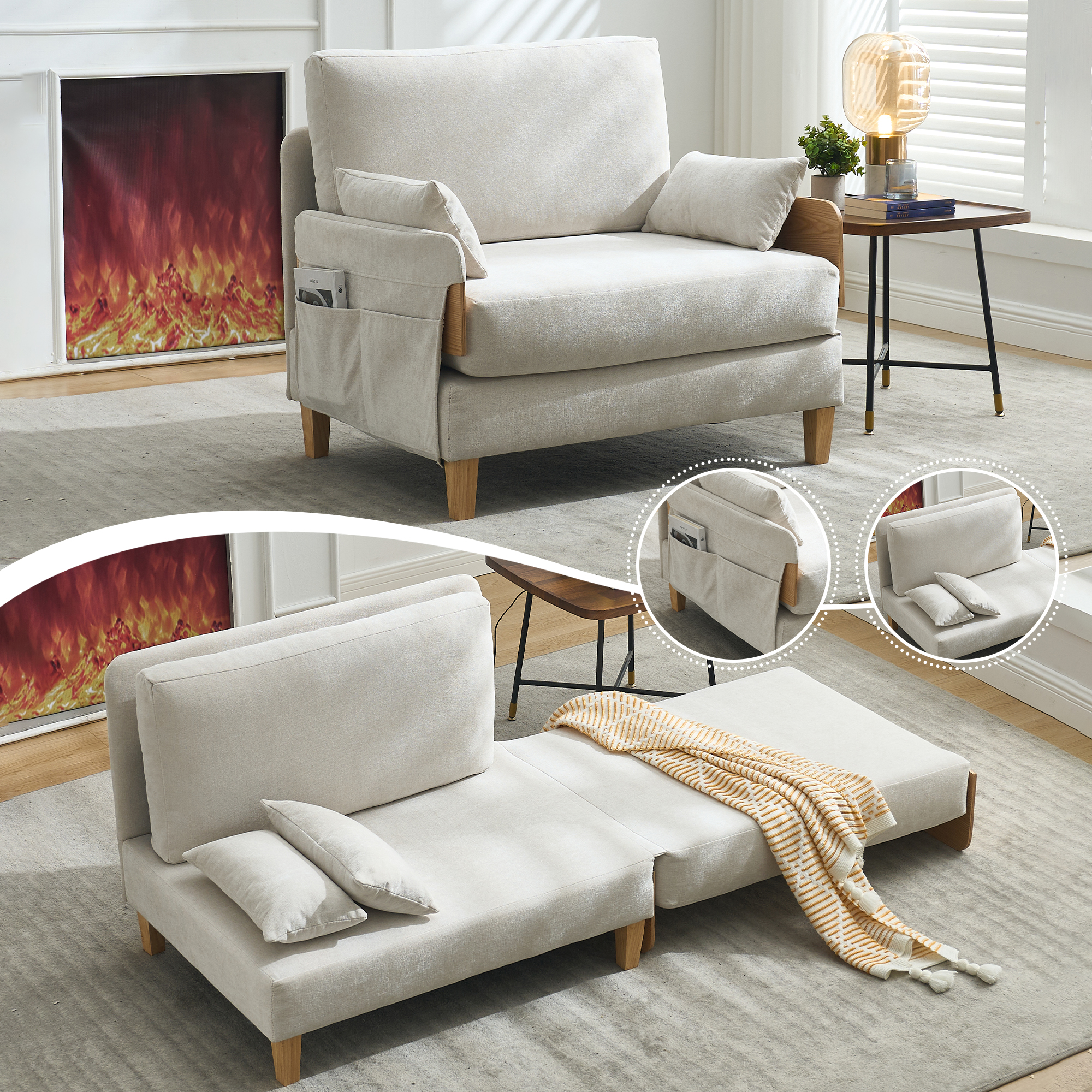 Foldable Sofa Bed Recliner, 3-in-1 Convertible Sleeper, Mid-century Modern Decor, Suitable For Small Spaces, With Three Pillows, Can Be Placed In The Bedroom Study Room Guest
