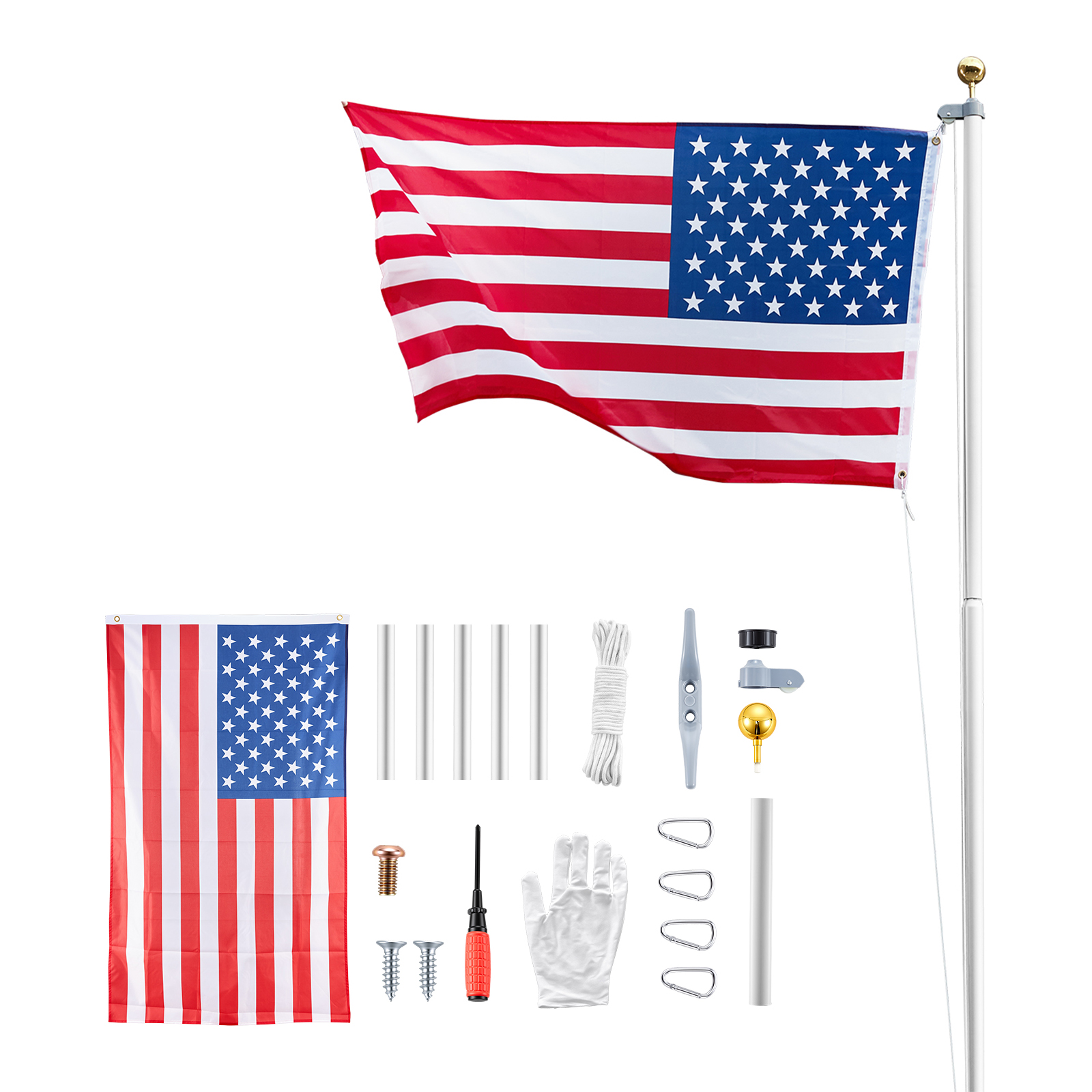 Flag Pole, 20ft Heavy Duty Sectional Flagpole Kit For Outside House In Ground, Extra Thick Outdoor Aluminum Flagpole Kit With 3x5 American Flag For Yard, Residential Or Commercial Use, Silver