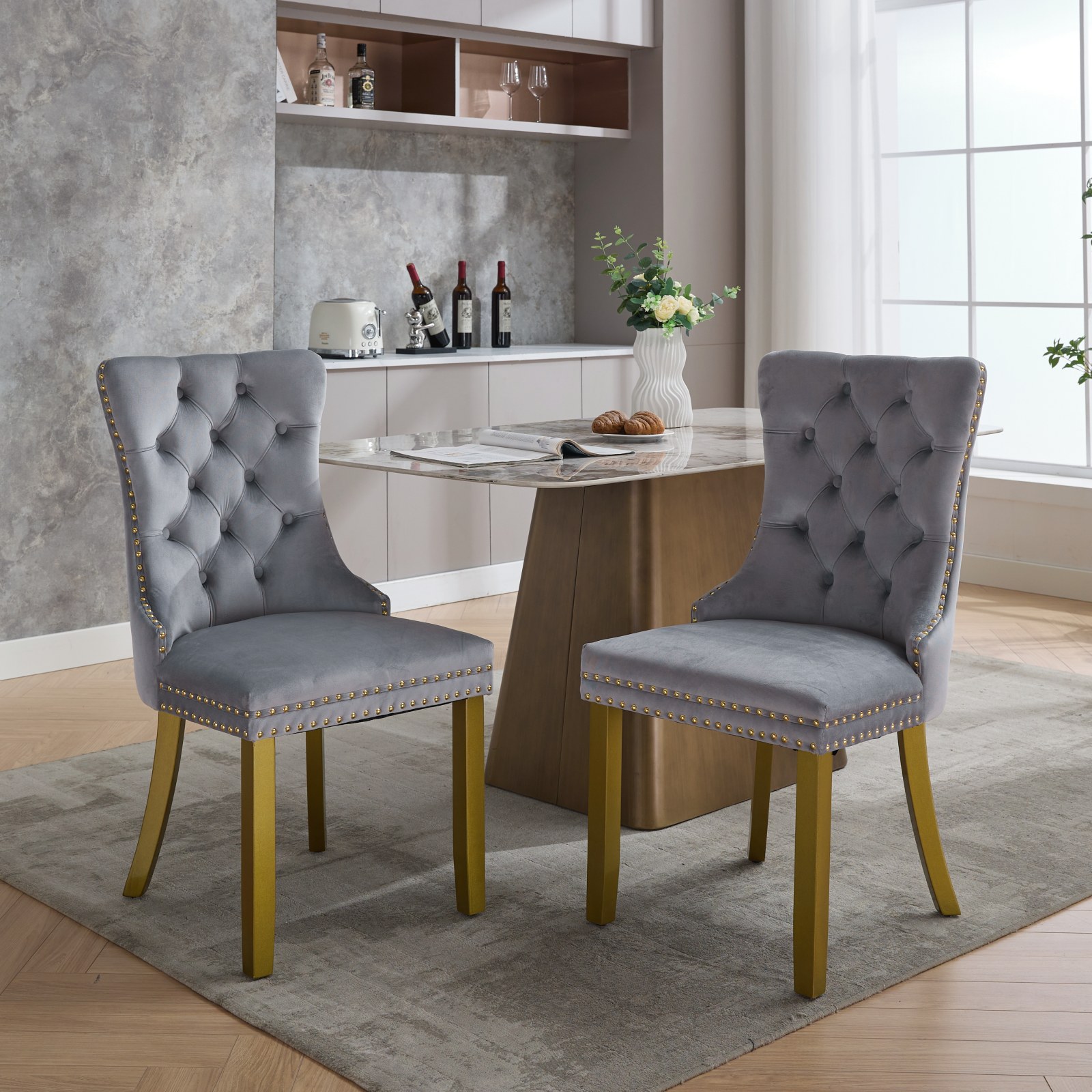 A&A Furniture, Nikki Modern, High-end Tufted Solid Wood Contemporary Velvet Upholstered Dining Chair With Golden Wood Legs Nailhead Trim 2-Pcs Set, Milky White,
