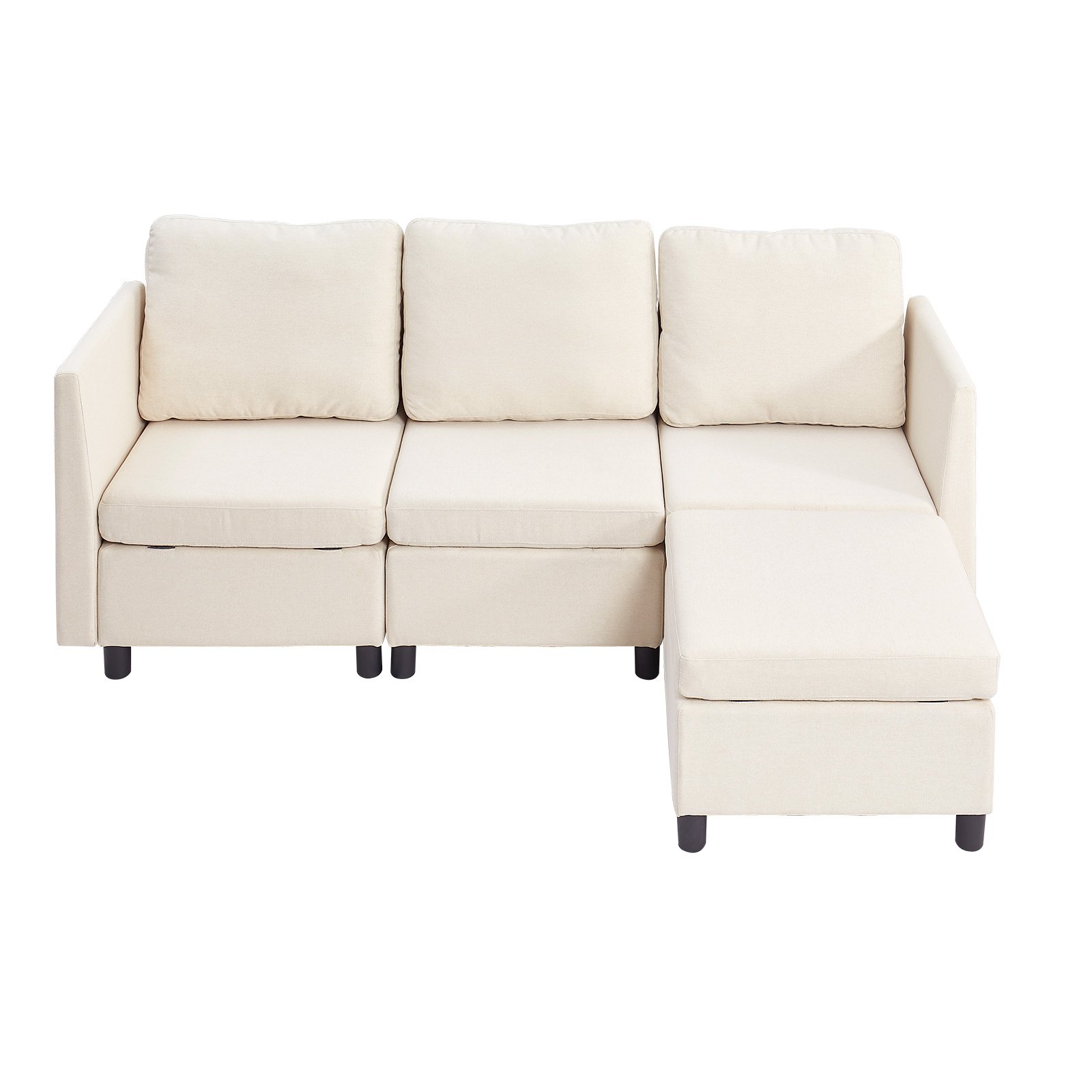 Modular Sectional Sofa, 3-Seater Modular Sofa With Hidden Storage, Cloud Sectional Couch With Ottoman & High Rebound Sponge, Solid Wood Frame Upholstered Couch For Living Room, Bedroom, Beige