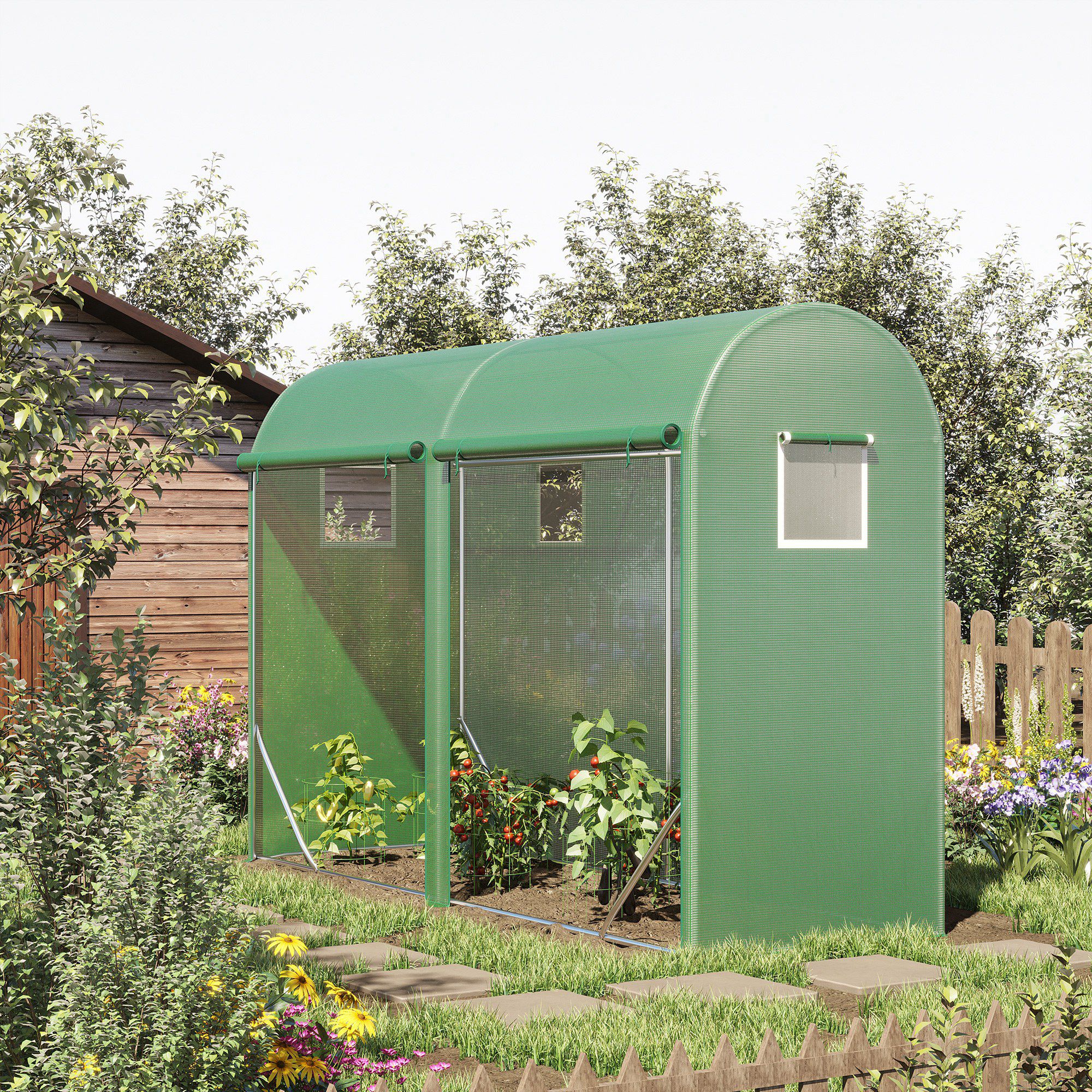 10 x 3 x 7 Walk-in Lean-to Greenhouse, Steel, 4 Zipper Roll-up Windows & 2 Doors, UV Protecting PE Cover for Growing Flowers, Vegetables, Tropical Plants, Saplings, Succulents, Green