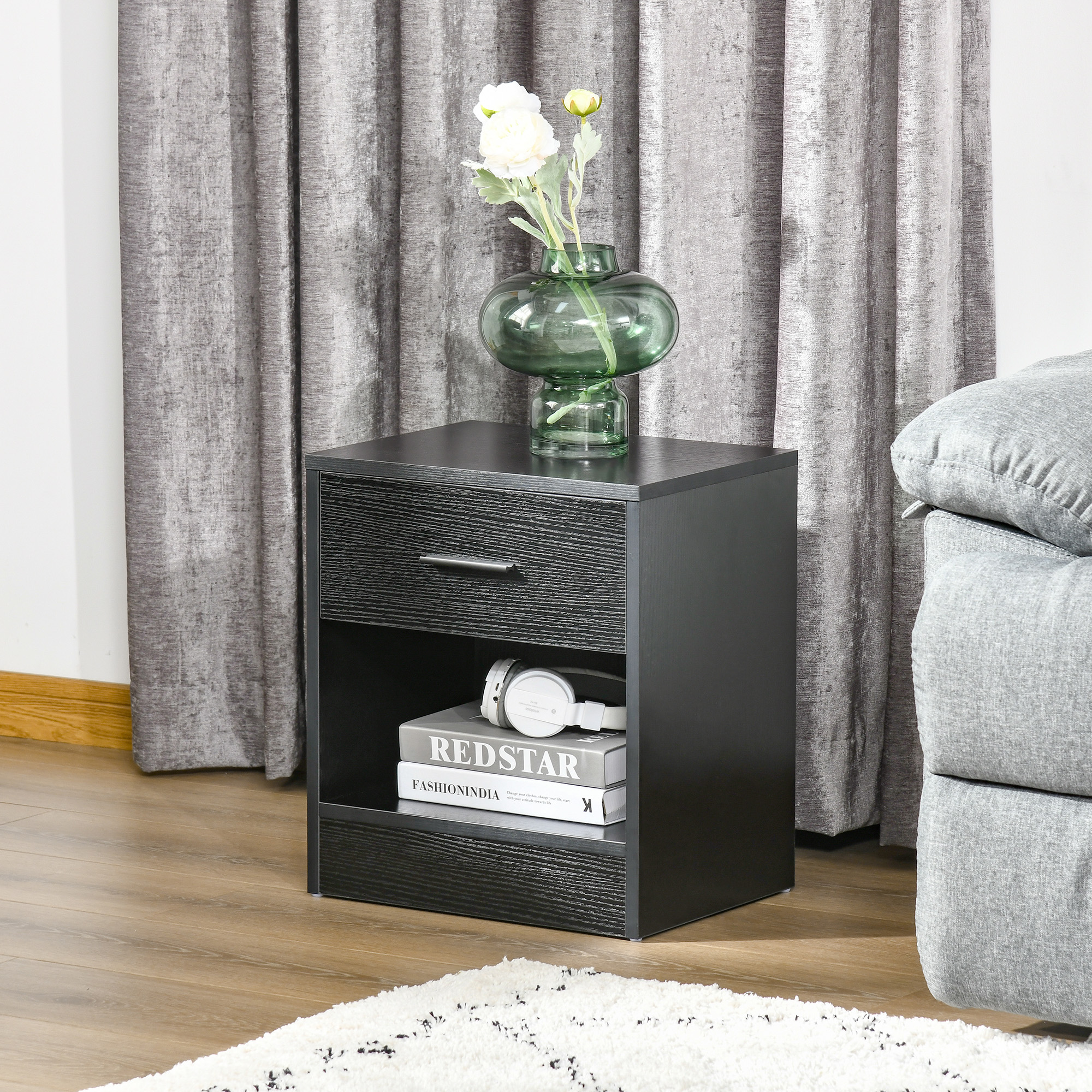 Mesa Auxiliar Moderna con Cajón y Estante de Almacenamiento, Negro