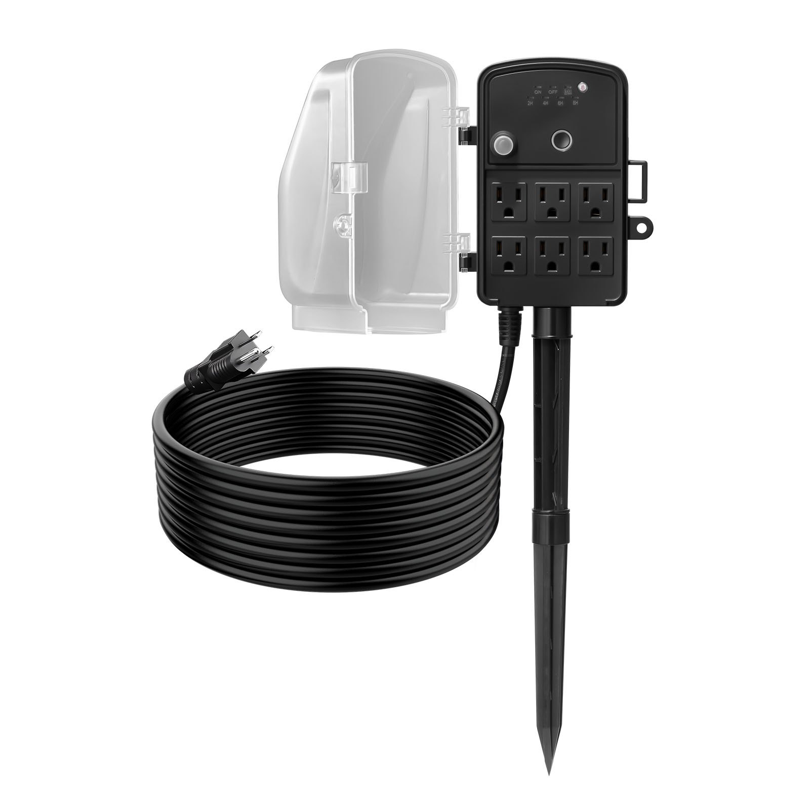Outdoor Power Stake, 25FT Extension Cord, Outdoor Power Strip Weatherproof With Cover, Remote Control Dusk To Dawn Light Timer Waterproof, 6 Outlets, 1875W/15A, For Christmas Lights, Garden
