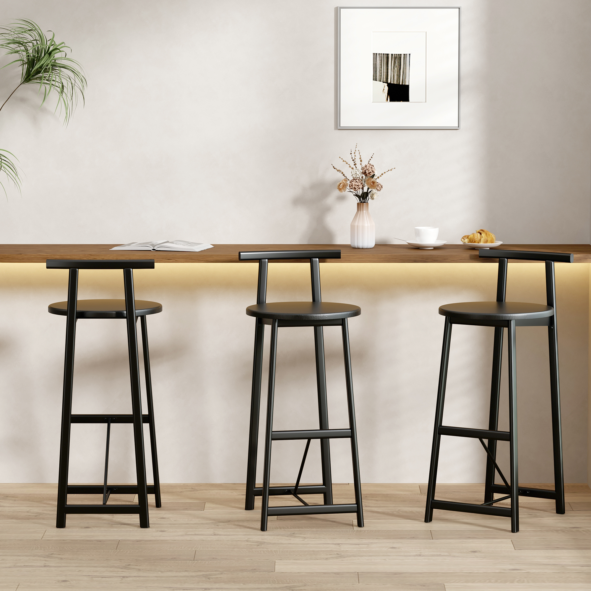 Set de 3 taburetes de bar redondos de madera con reposapiés, modernos, negros