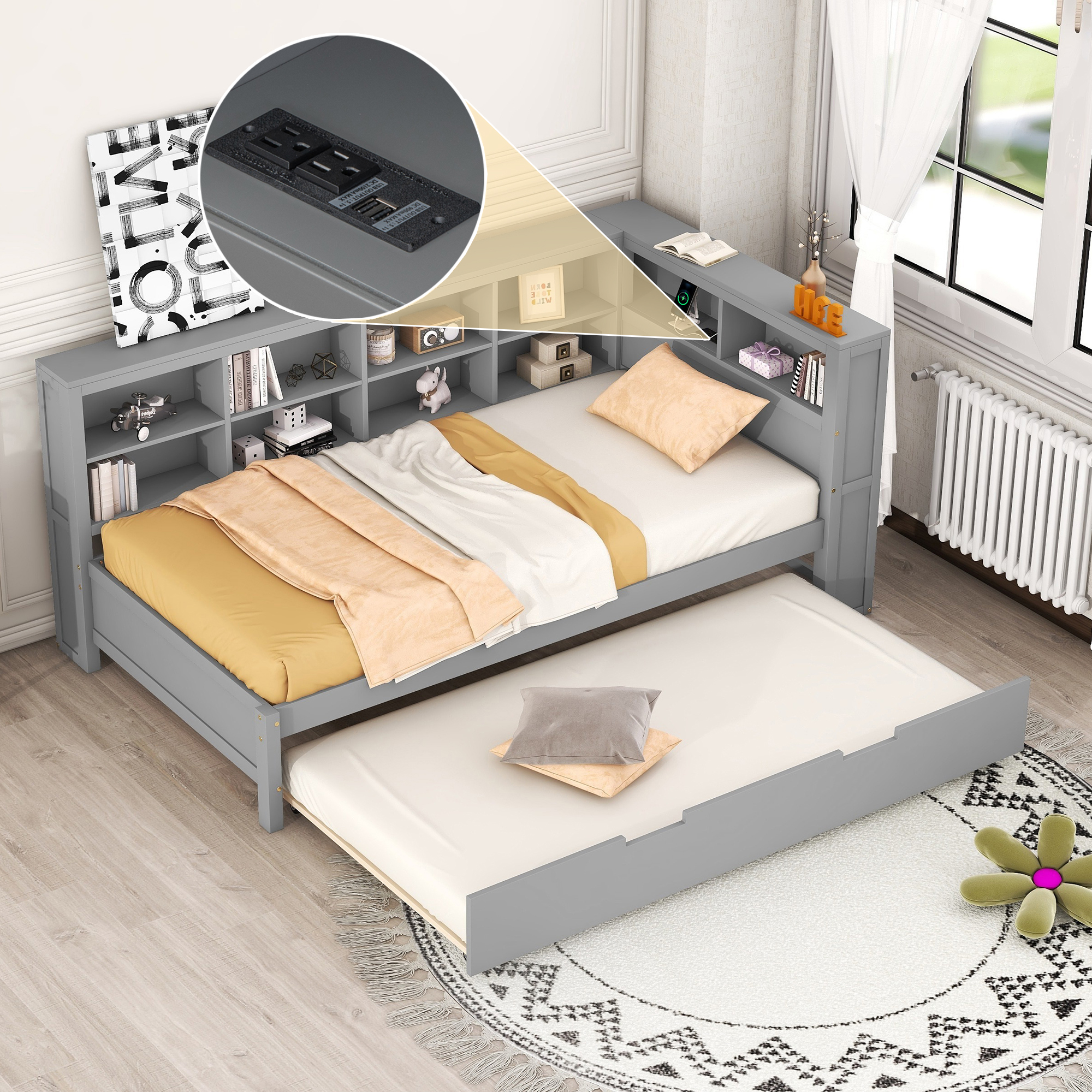 Sofá cama de madera tamaño individual con cama nido, estante y puertos USB, gris