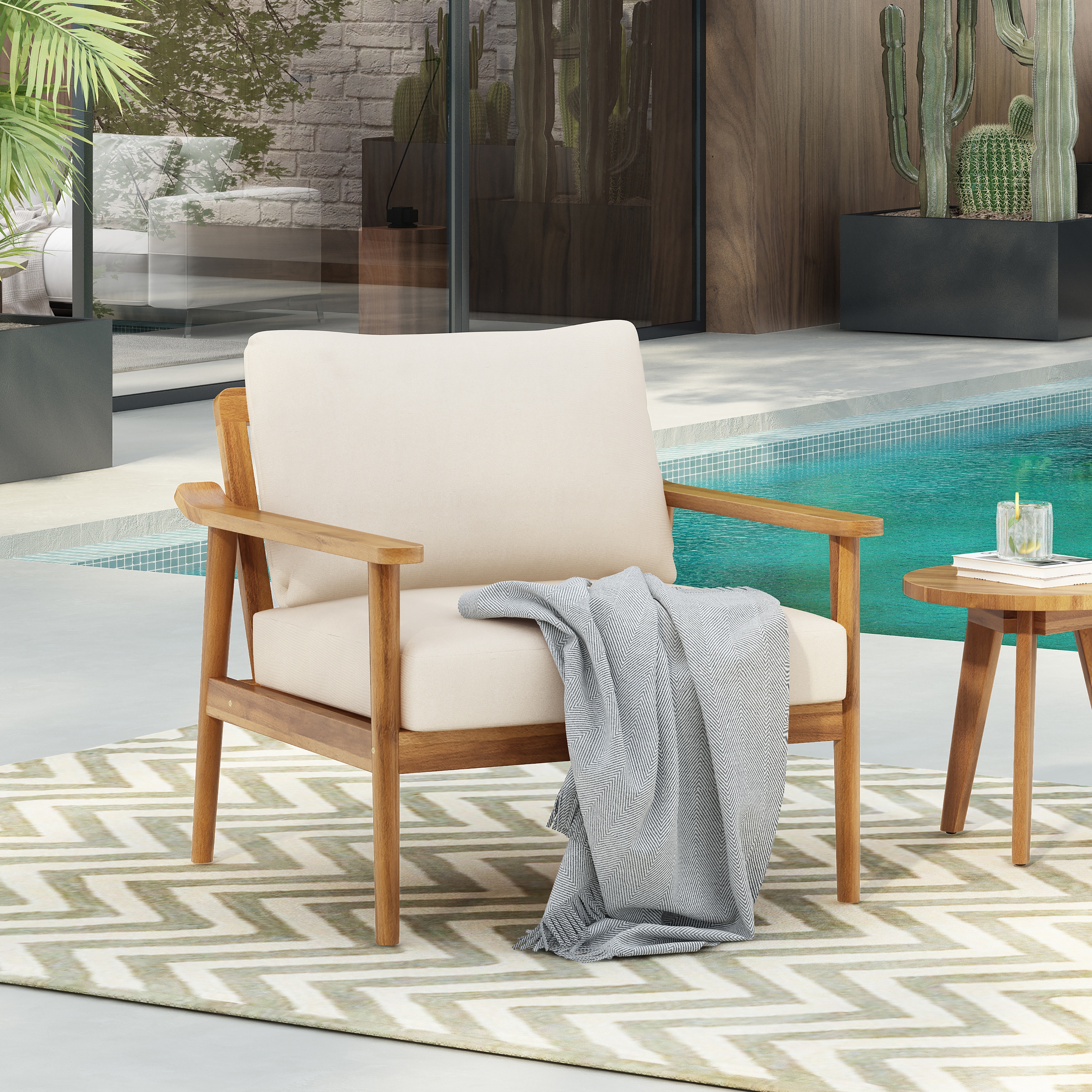 30.5  Mid-Century Modern Outdoor Lounge Chair With Cushions -Stylish And Durable Wood Frame Chair For Patio, Garden, Or Balcony