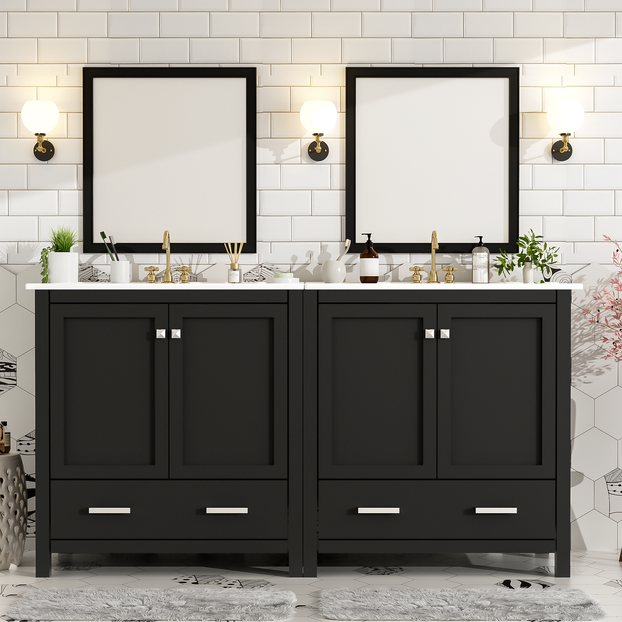 Juego de tocador de baño negro de 60 pulgadas con doble lavabo cerámico y cajones