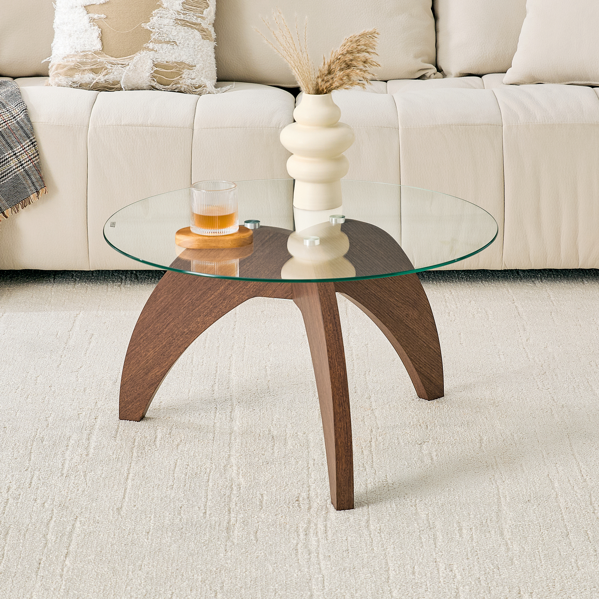 Creative Claw-style Triangular-leg Round Coffee Table, Approximately 27.5 Inches In Diameter, Featuring A Clear Tempered Glass Top And Walnut-colored MDF. Perfect As A Living Room Coffee Table,etc.