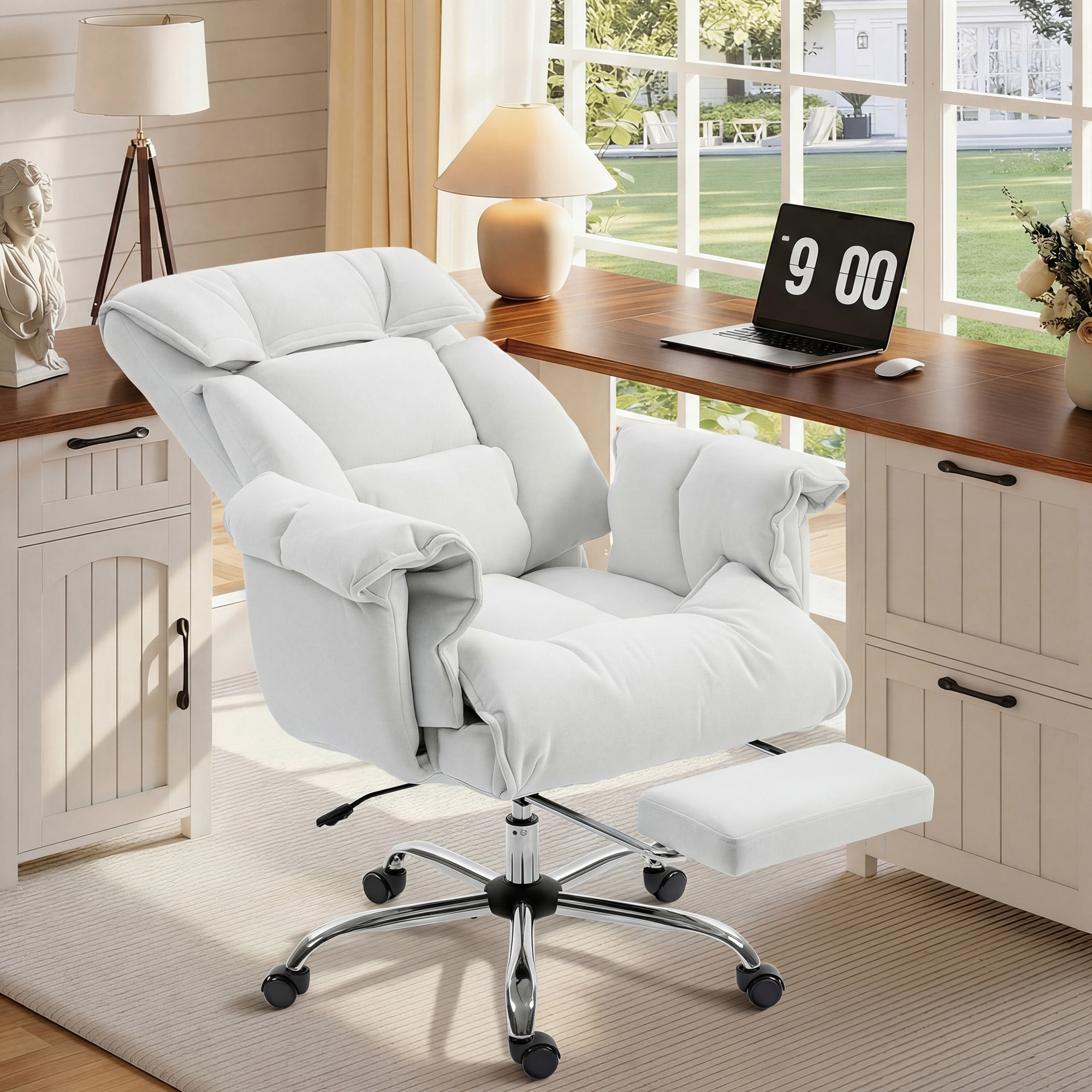 Silla de oficina de respaldo alto, reclinable, con reposapiés, ruedas, blanco crema