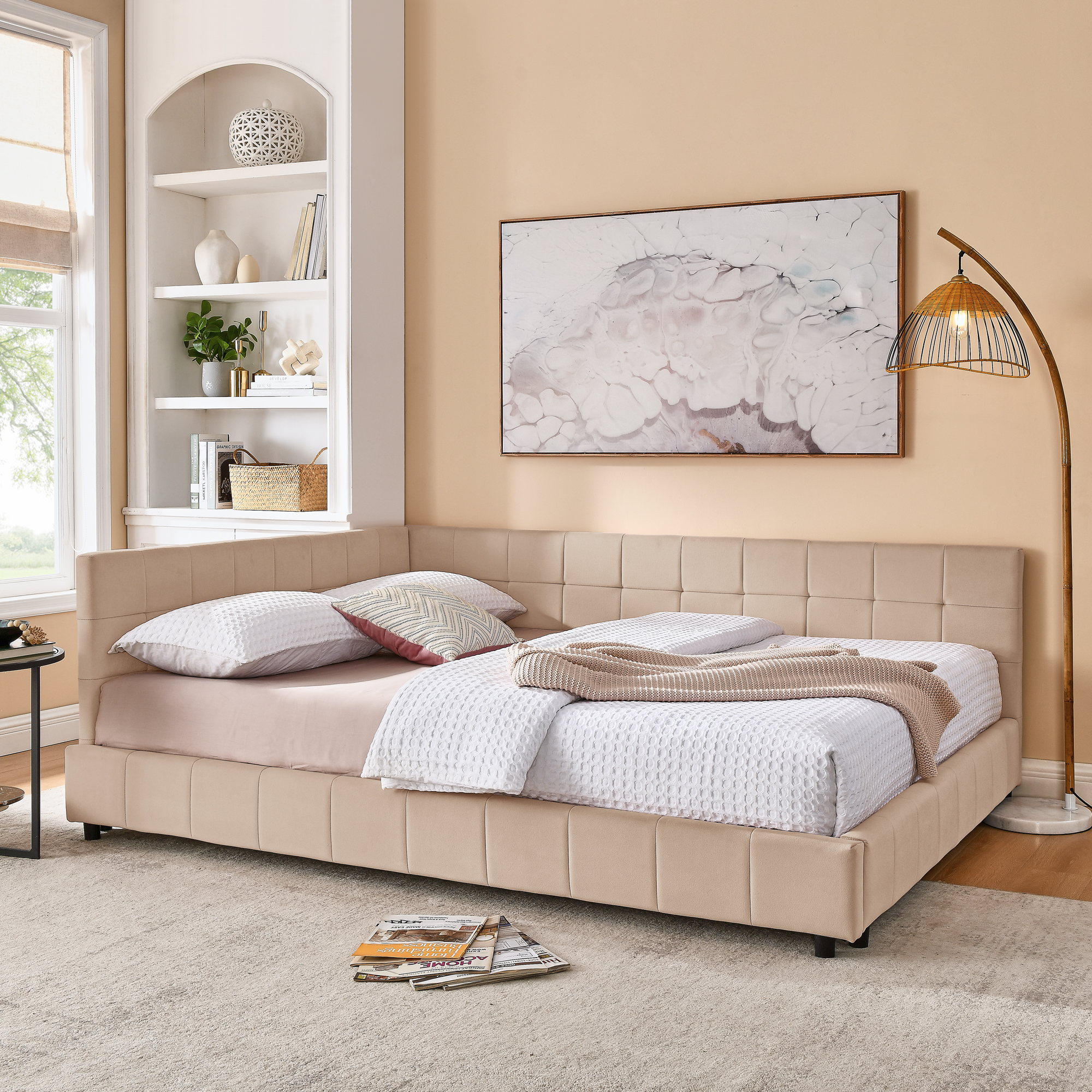 Estructura de cama tapizada tamaño Queen con respaldo y reposabrazos, terciopelo rosa