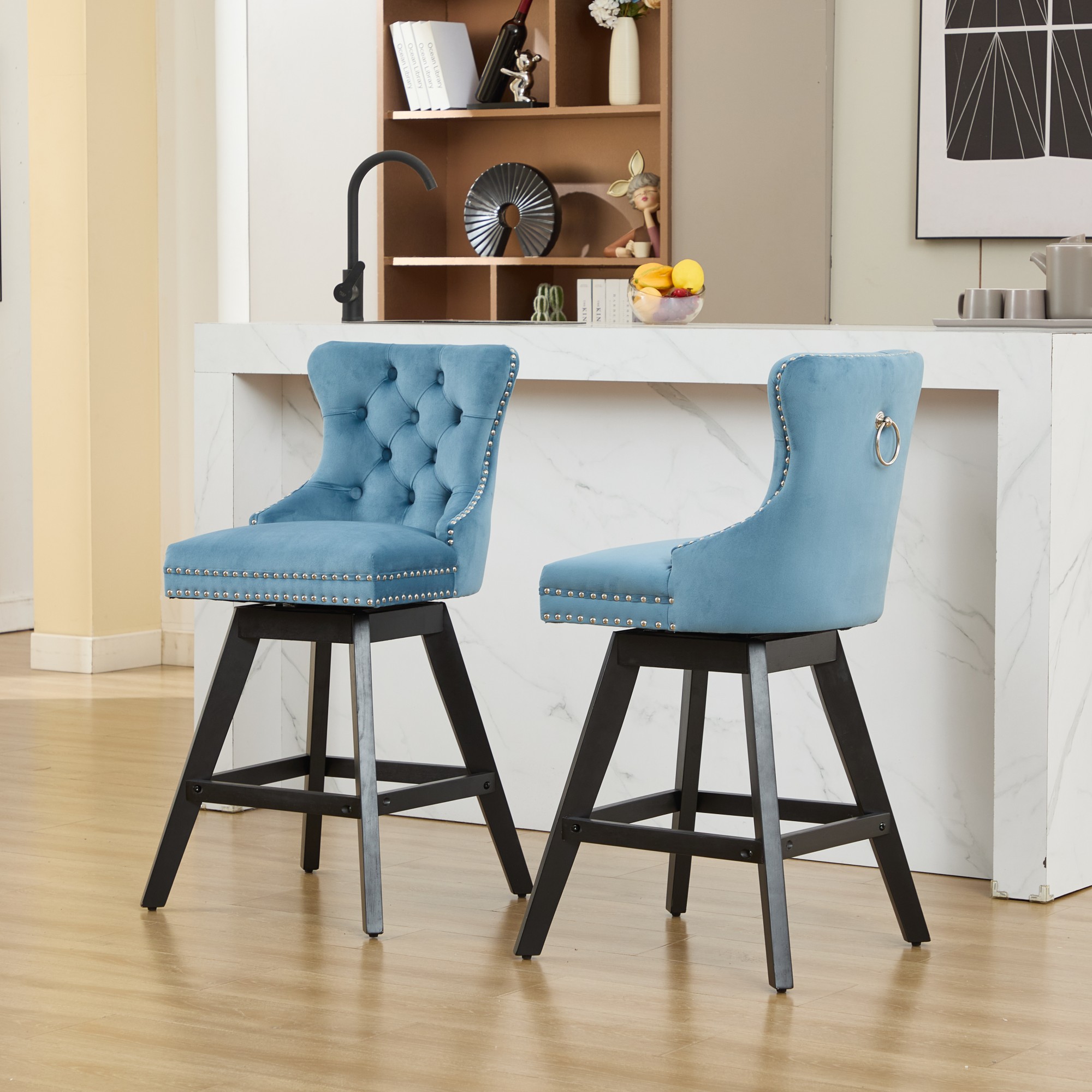 Swivel Velvet Barstools With Button Tufted Decoration And Wooden Legs, And Chrome Nailhead Trim, Leisure Style Bar Chairs,Bar Stools, Set Of 2 Light Blue