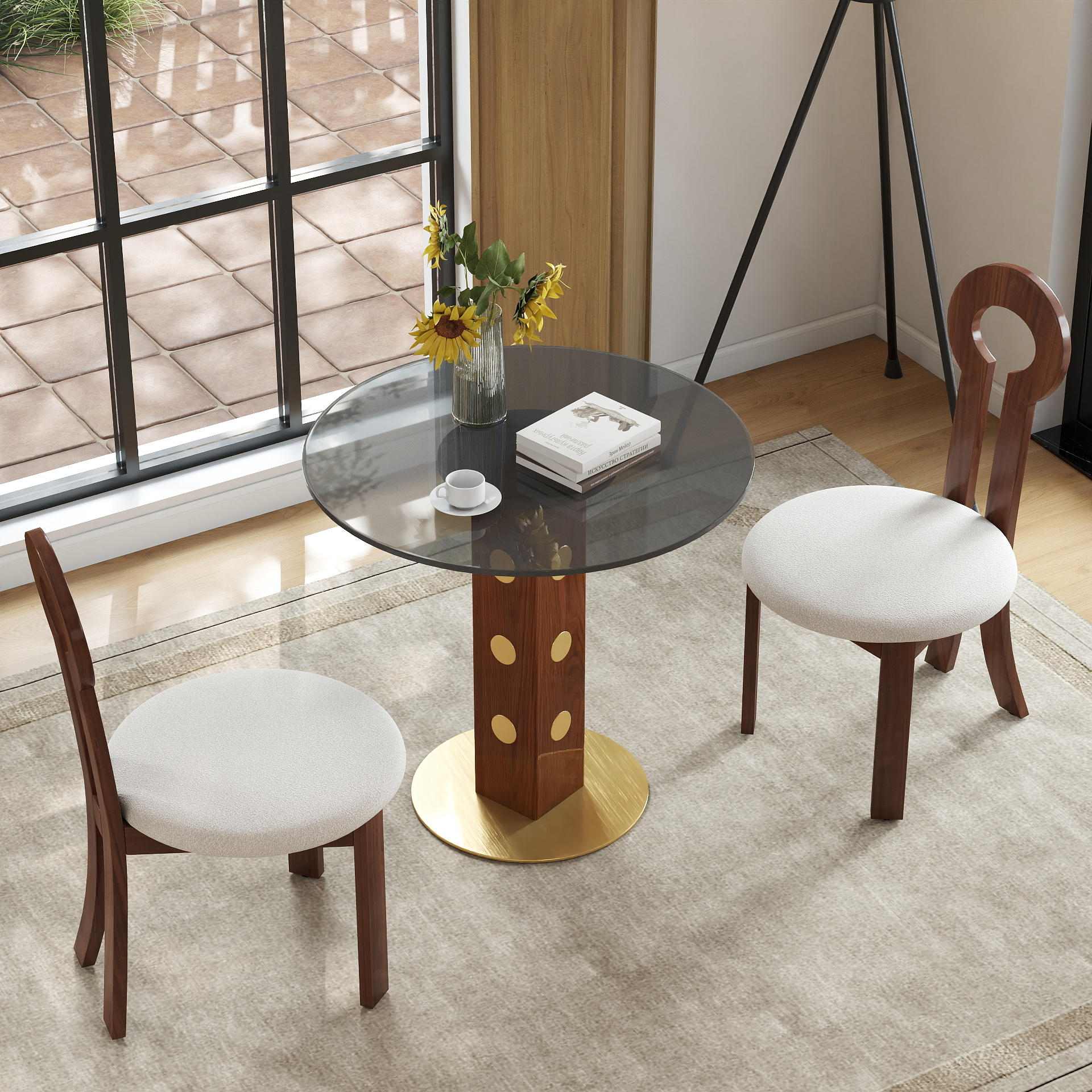 Mesa de comedor redonda moderna de 33.5 pulgadas, vidrio templado y base dorada