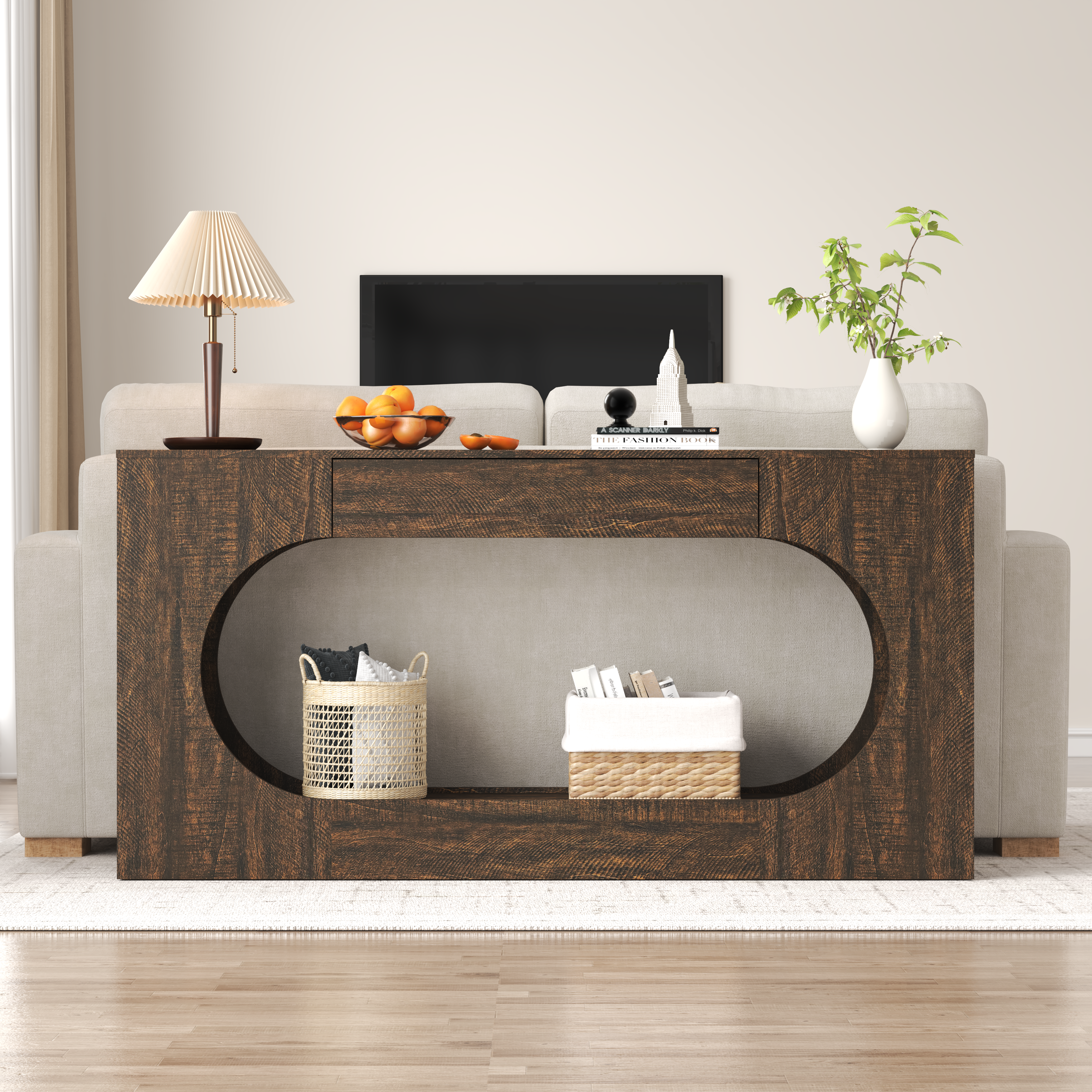 Walnut Wood Grain Console Table with Drawer, Engineered Particle Board Modern Entryway Sofa Table, Oval Hollow Frame Narrow Accent Table for Hallway Living Room, 11.8"D x 63"W x 31.5"H