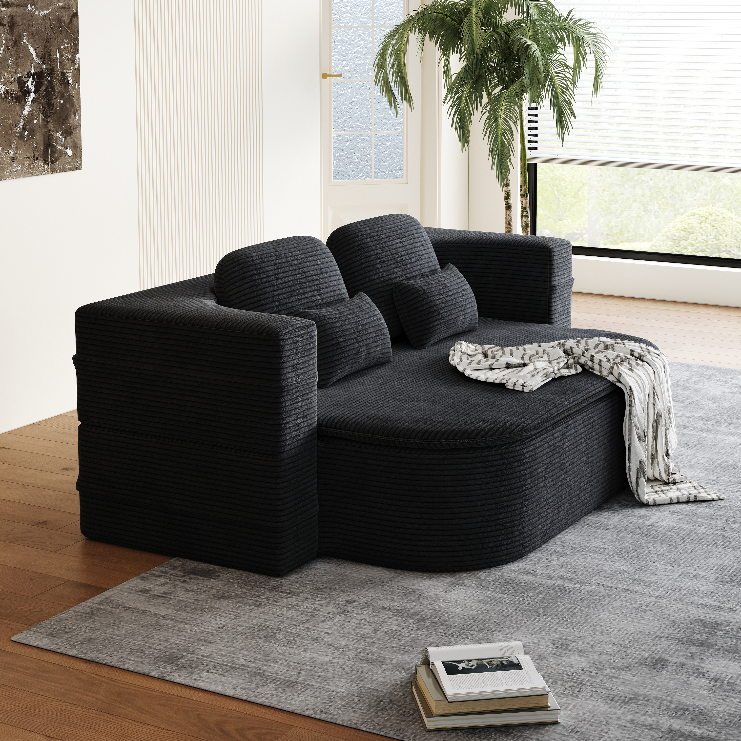75  2-in-1 Foldable Sofa,Convertible Sleeper Foam Sofa Bed With Multi Functional Blanket, Corduroy Floor Folding Sofa Bed,  Floor Sofa Lounge Sofa For Living Room Bedroom Lounge Studio