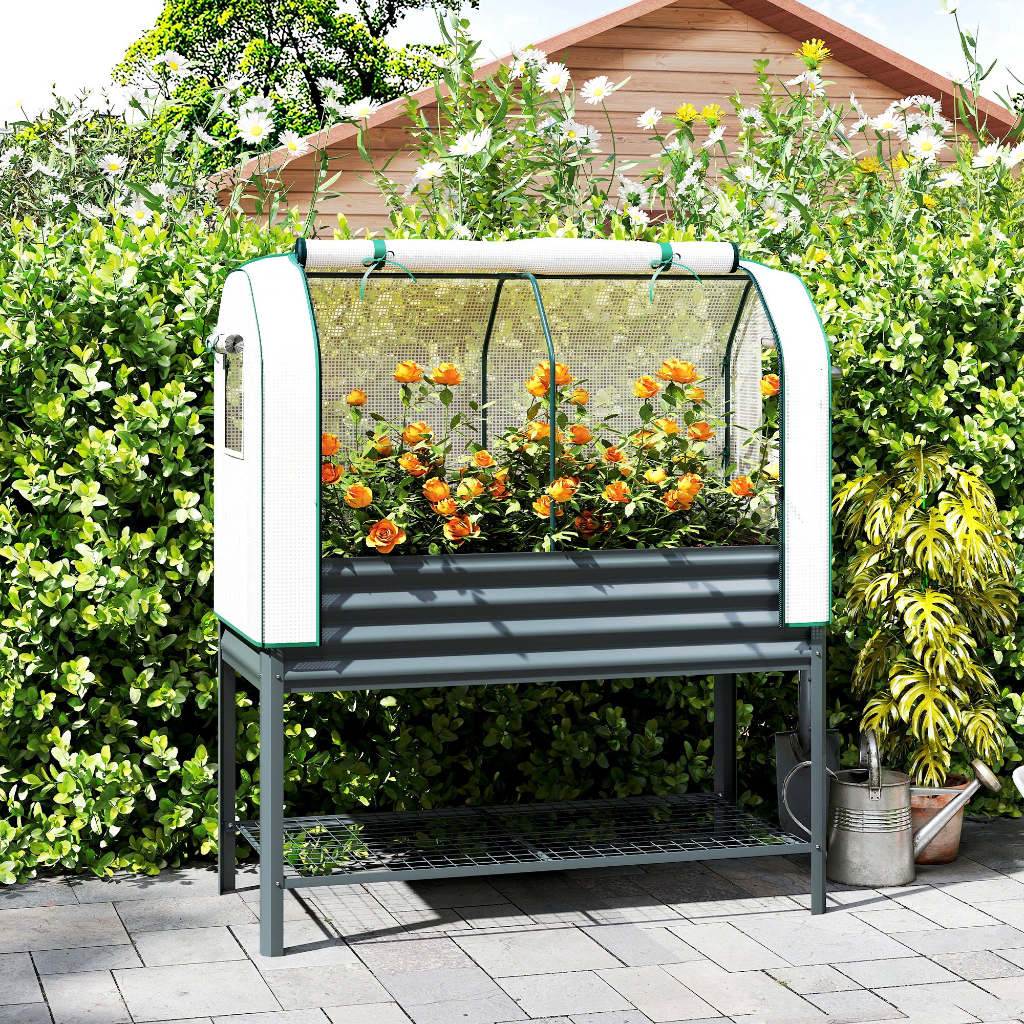 Cama de jardín elevada galvanizada con cubierta de invernadero y estante inferior