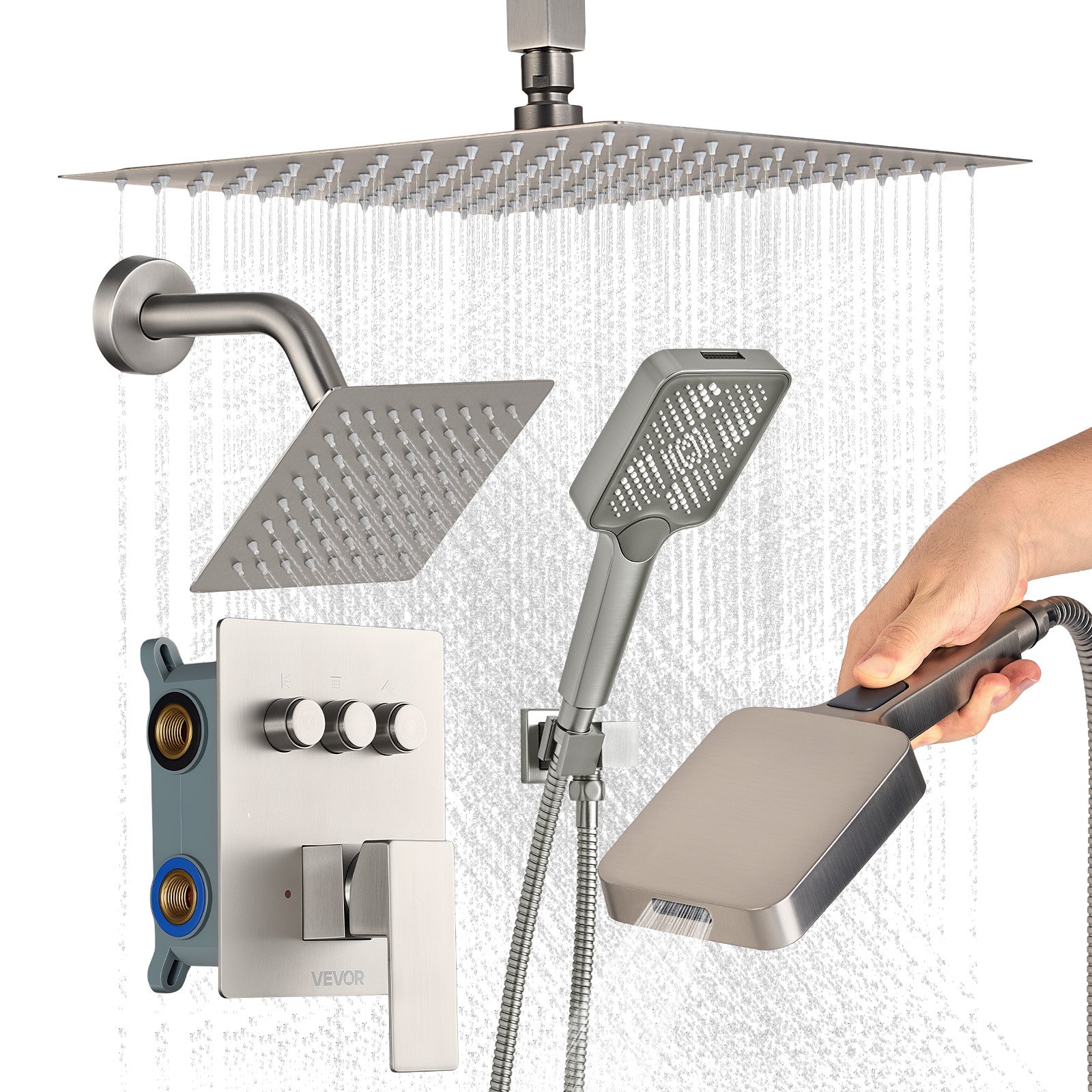 Set de grifería para ducha con cabezal de lluvia de 12 pulgadas, níquel cepillado
