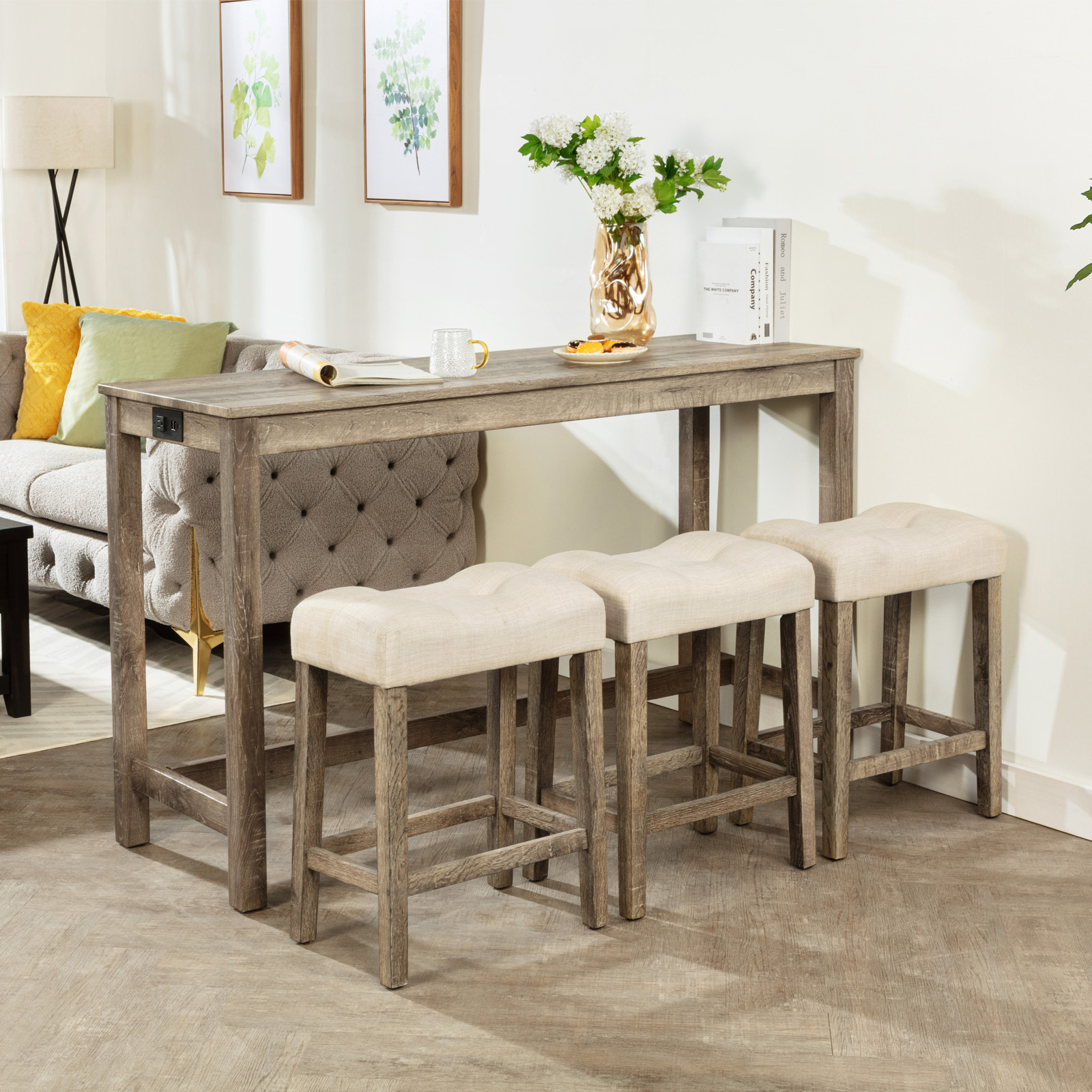 4-Piece Bar Table Set with Power Outlet, Dining Bar Table and Chairs Set,Bar Table Set with 3 Padded Stools for Living Room, Dining Room, Game Room, Brown