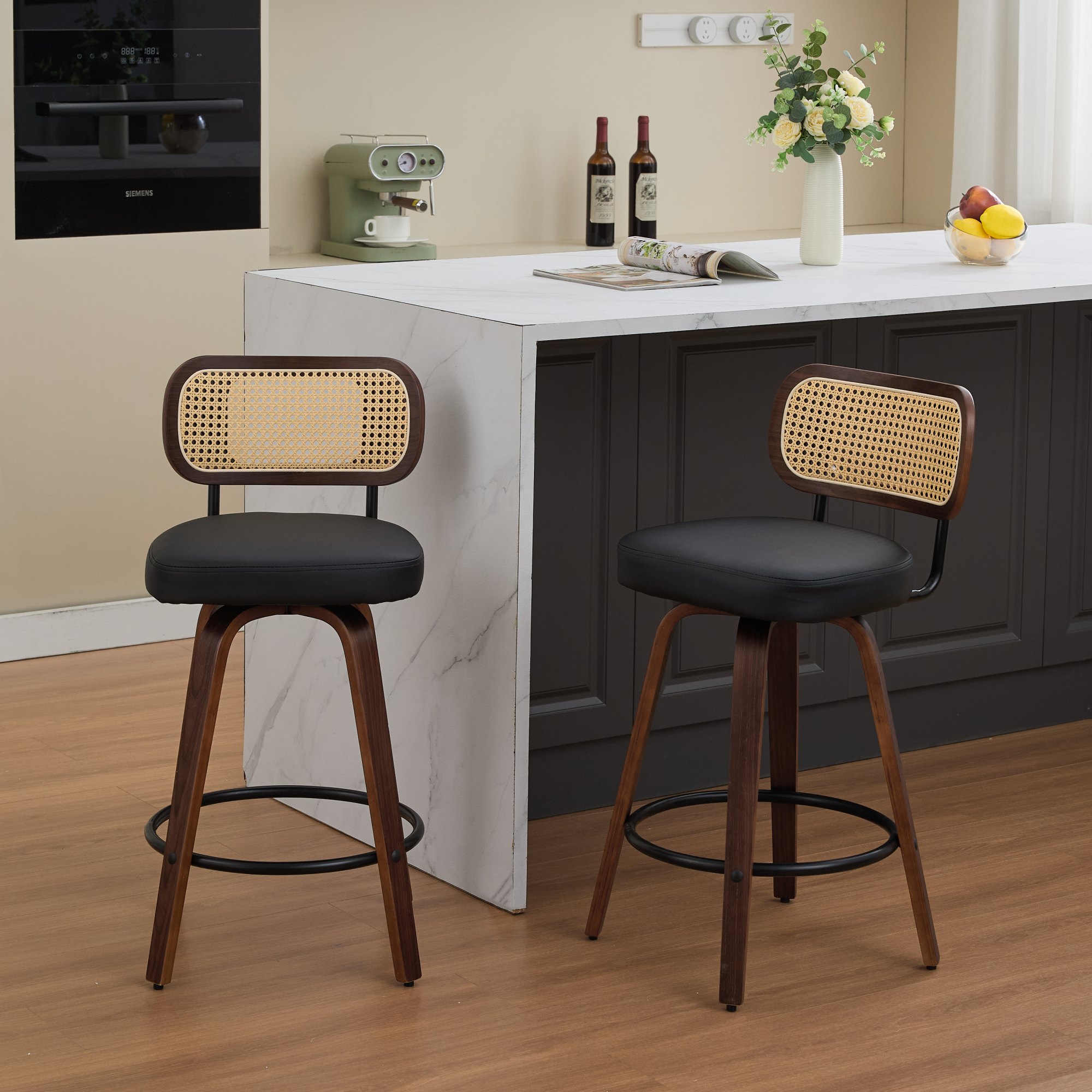 Set Of 2 Counter Height Bar Stools - 26 Inch Rattan Counter Height Stools With Cane Back, Upholstered Seat, Walnut Craftsmanship, Swivel Counter Stools For Island Kitchen Counter Bar Walnut Black