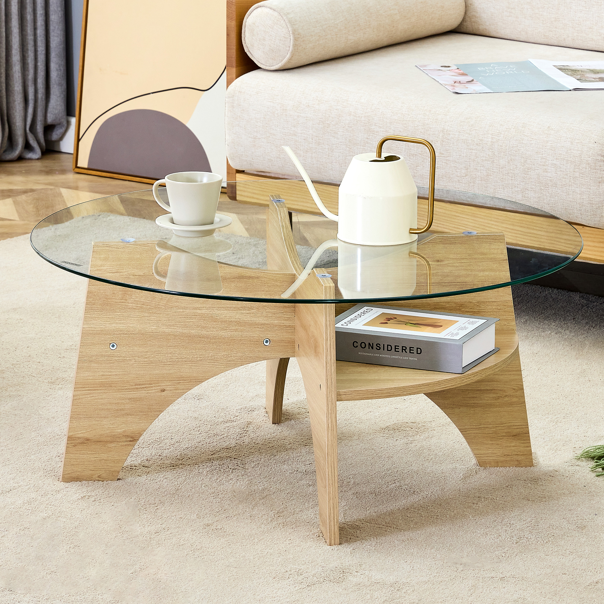 Round Tempered Glass Coffee Table - 31.5in Diameter, Multi-Functional Design.Fan-Shaped Pedestal Design.Round Tempered Glass Tabletop.Suitable For Dining Rooms, Living Rooms, Offices, And More.