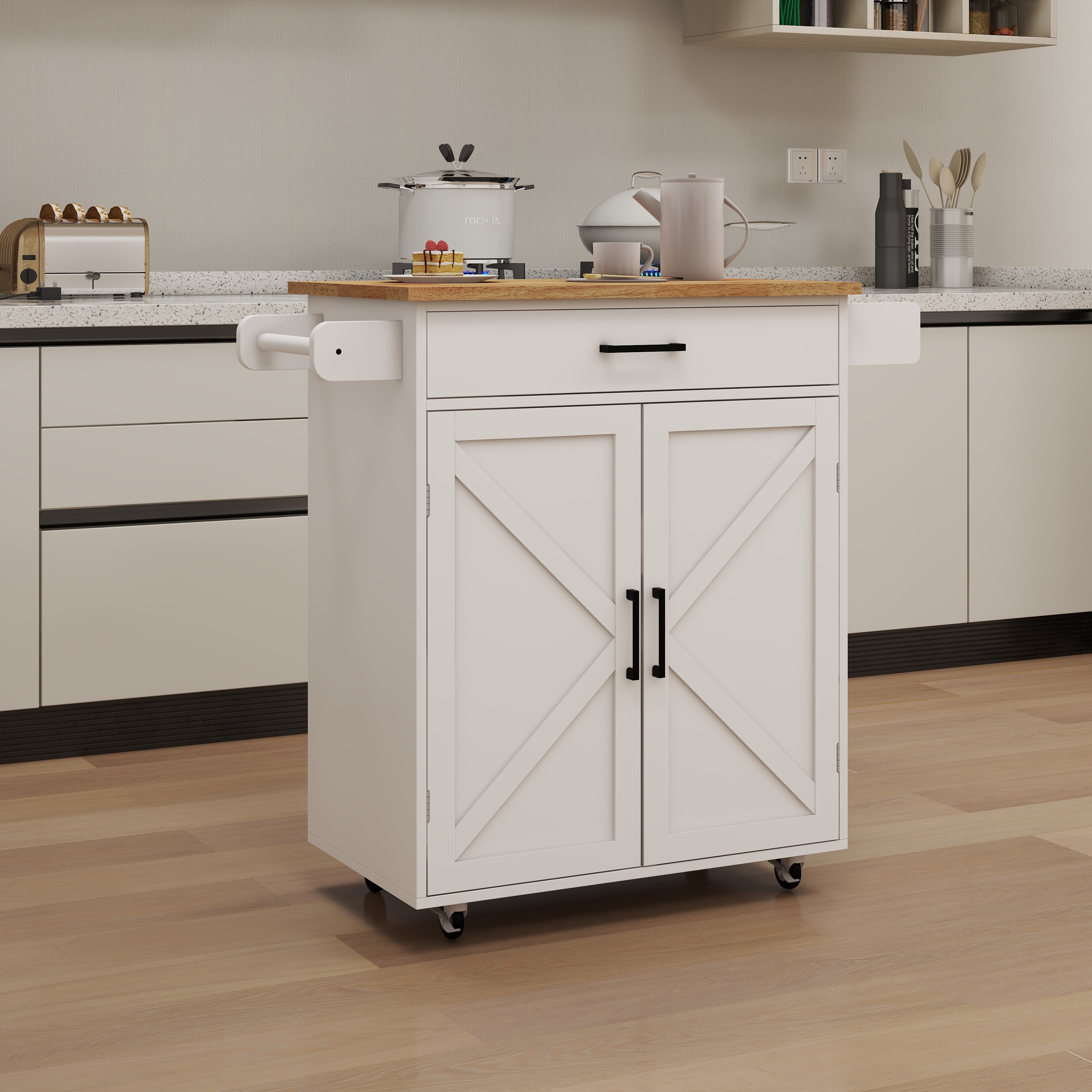 Carrito de cocina rodante con estantes ajustables, toallero y especiero, blanco