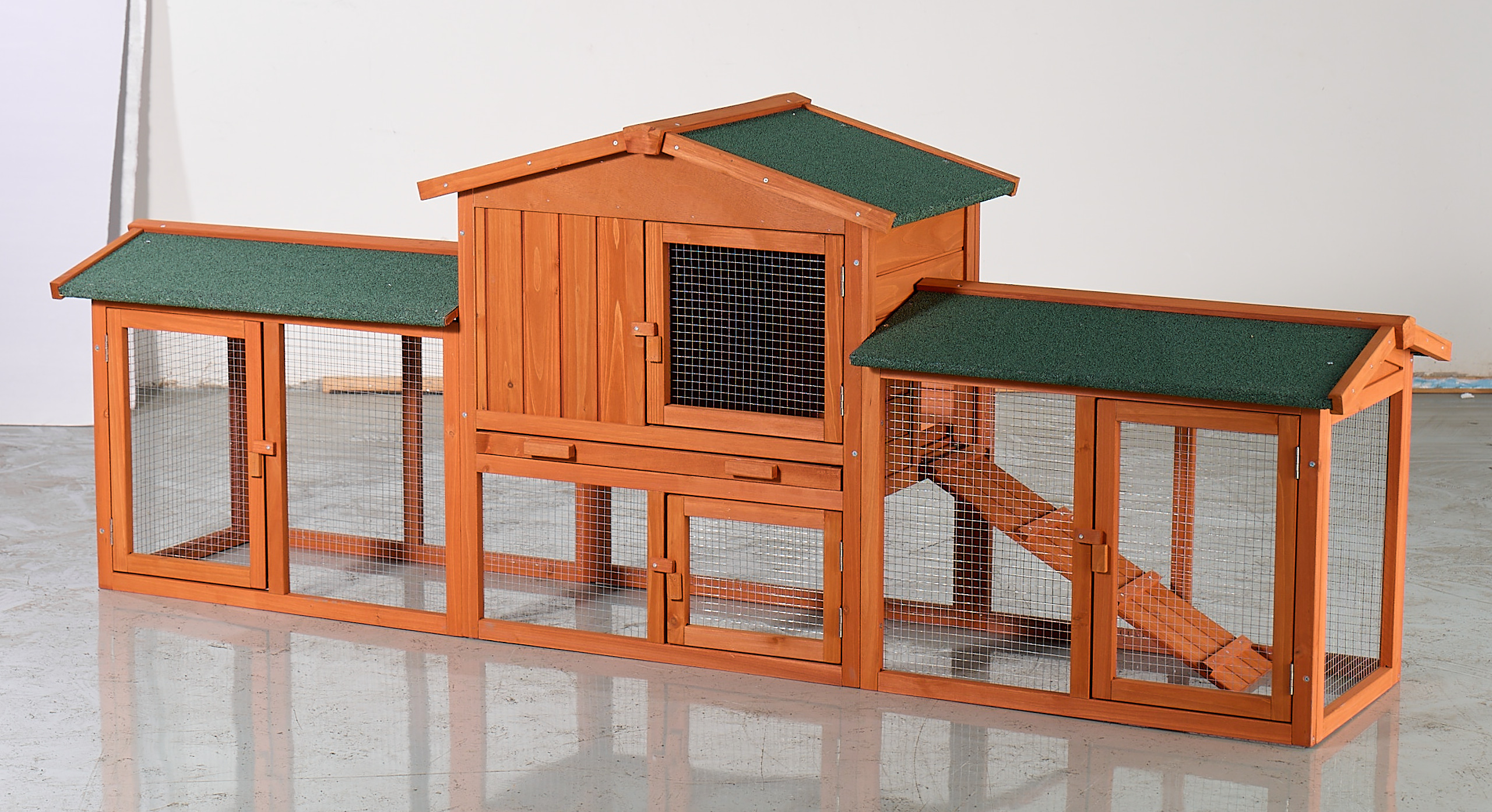 Jaula grande de madera de abeto para conejos, exterior, con techo impermeable y bandeja extraíble.
