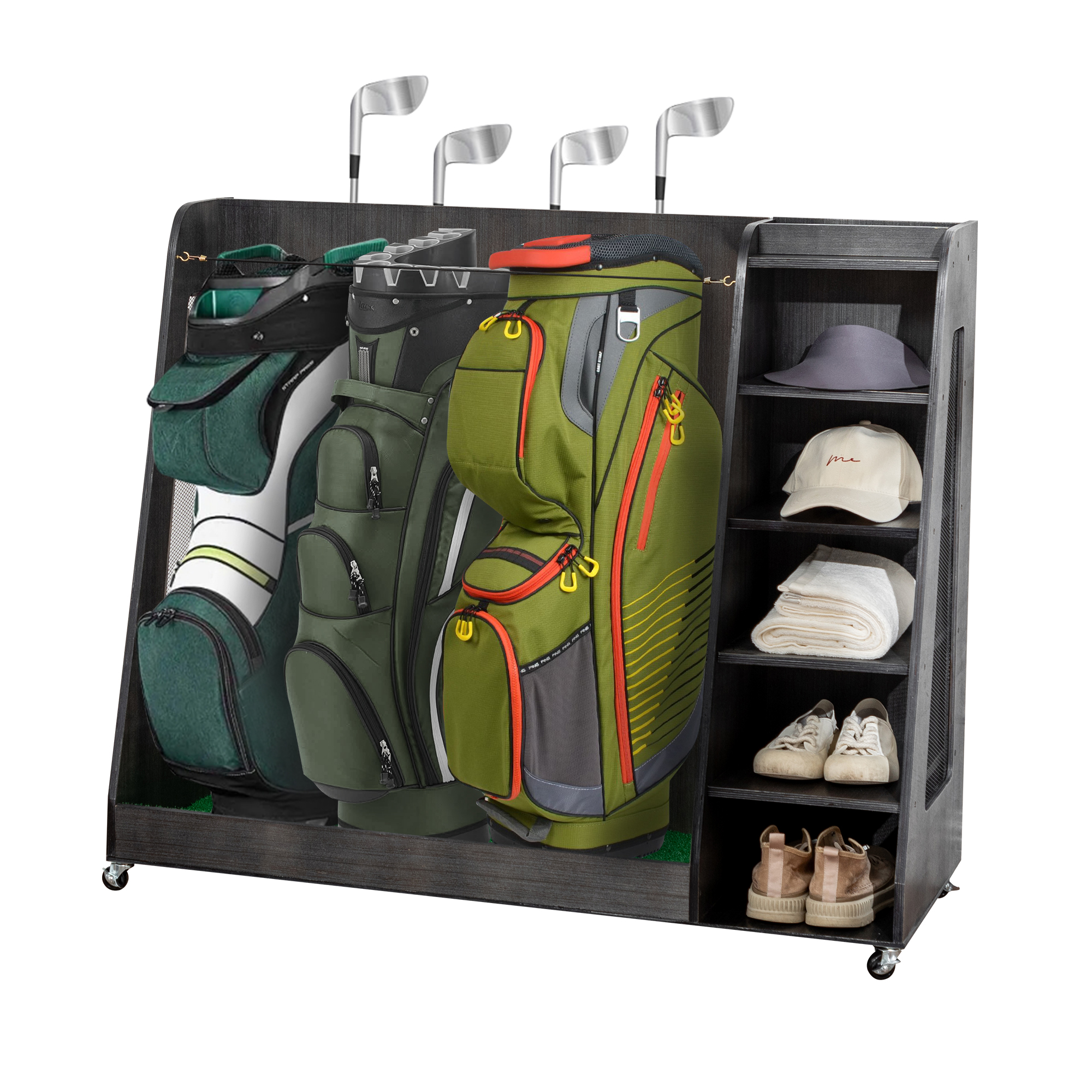 Gray Wooden Golf Bag Storage Rack With 3 Drawers, Holds 2 Stand Bags  14 Clubs, Organizer For Golf Balls, Shoes  Accessories, Heavy Duty For Garage, Indoor Outdoor Use, Easy Assembly