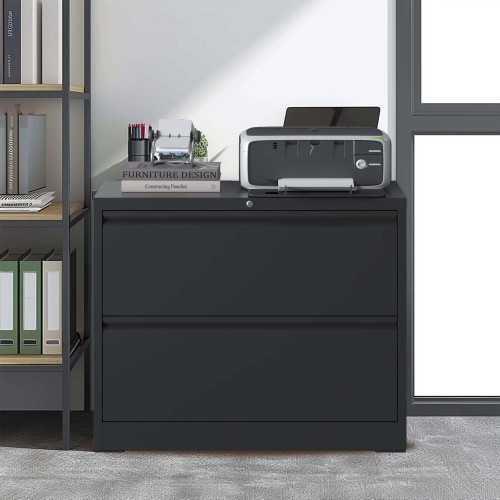 Lateral File Cabinet 2 Drawer, Black Filing Cabinet With Lock, Lockable File Cabinet For Home Office, Locking Metal File Cabinet For Legal Letter A4 F4 Size