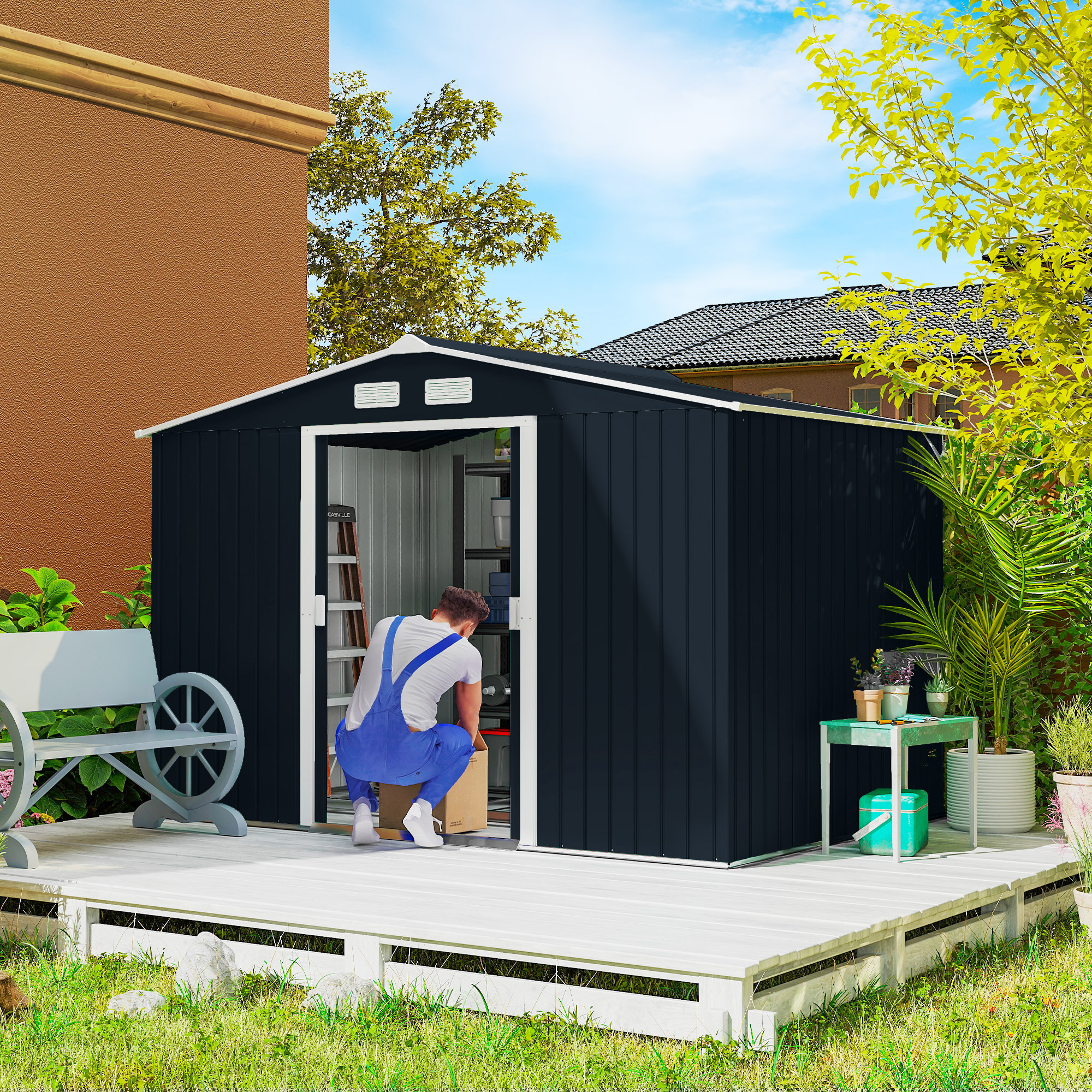 9 x 6 Outdoor Storage Shed, Garden Tool Metal Shed with Foundation Kit, Double Lockable Door, Air Vents and Sloping Roof, for Backyard, Patio, Lawn, Dark Gray