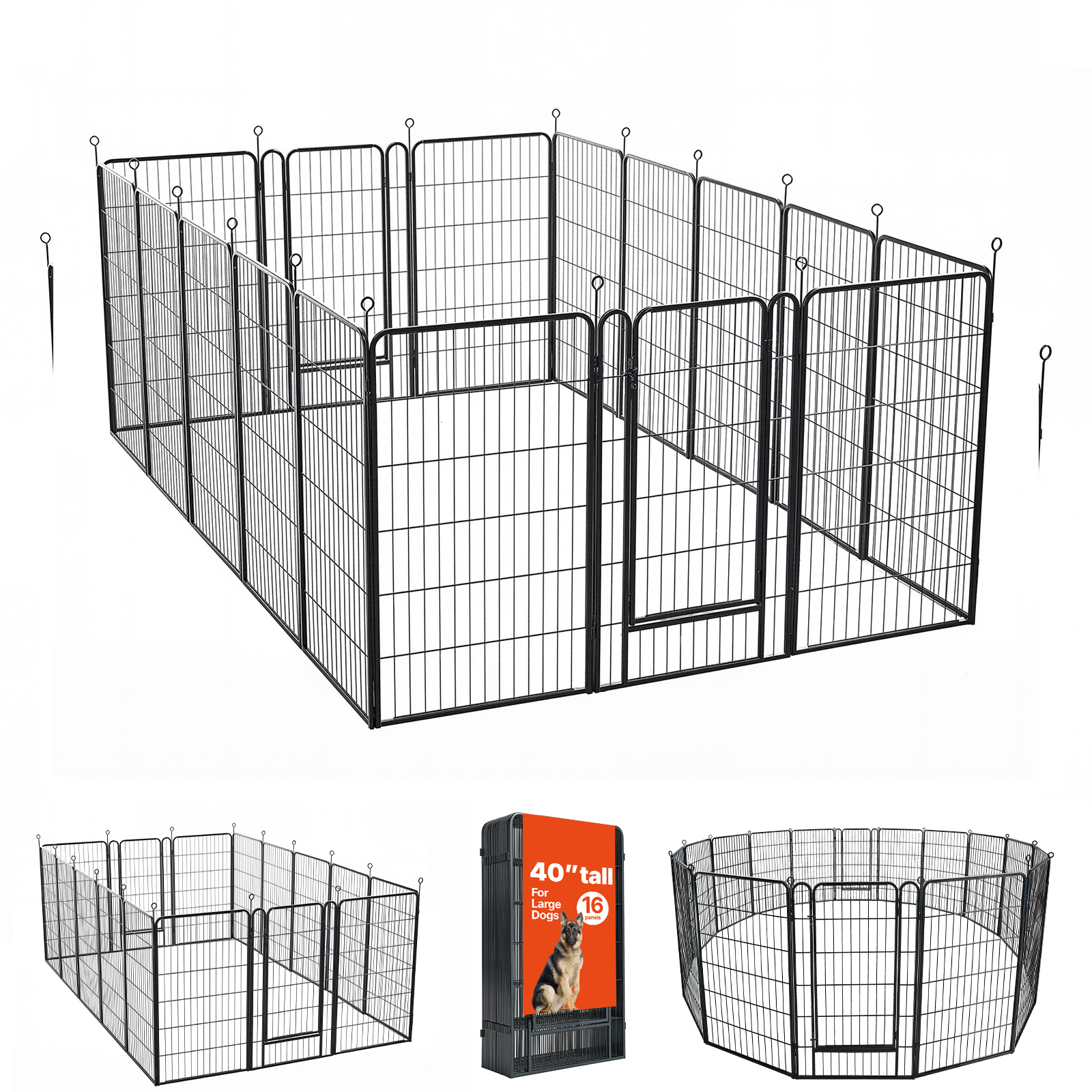 Dog Playpen 40 Inch 16 Panels Foldable Metal Exercise Pen Pet Fence, Indoor/Outdoor Heavy Duty Puppy Crate Kennel With Door For Large/Small Dogs And Cats, Portable For RV Camping, Yard, Black