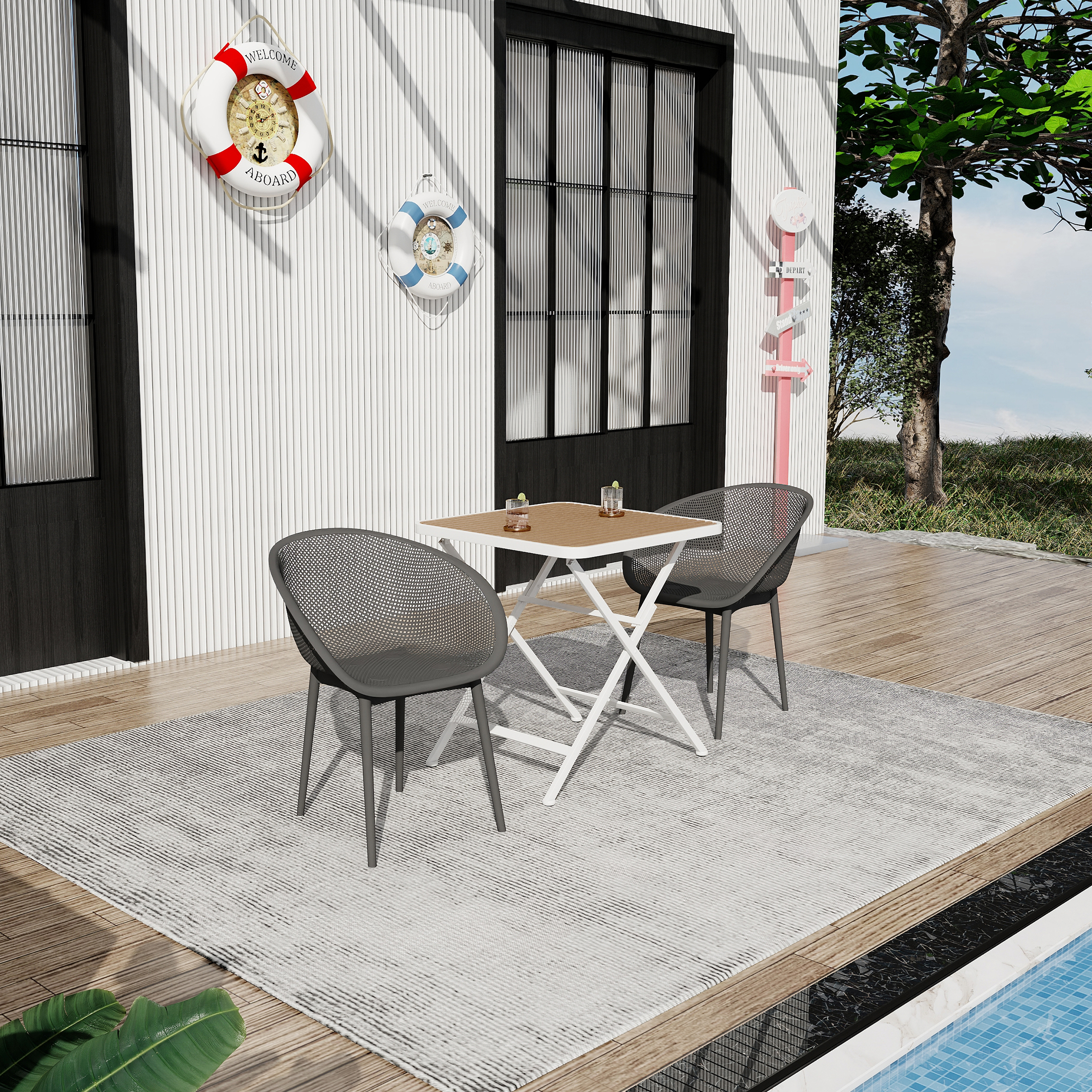 Holiday - 2-Pack Warm Grey Modern Lounge Chairs  Indoor Outdoor All-Weather PP Plastic With Modern Folding Indoor Outdoor  Multi-functional Square Table- PP Tabletop With Metal Legs White, Khaki