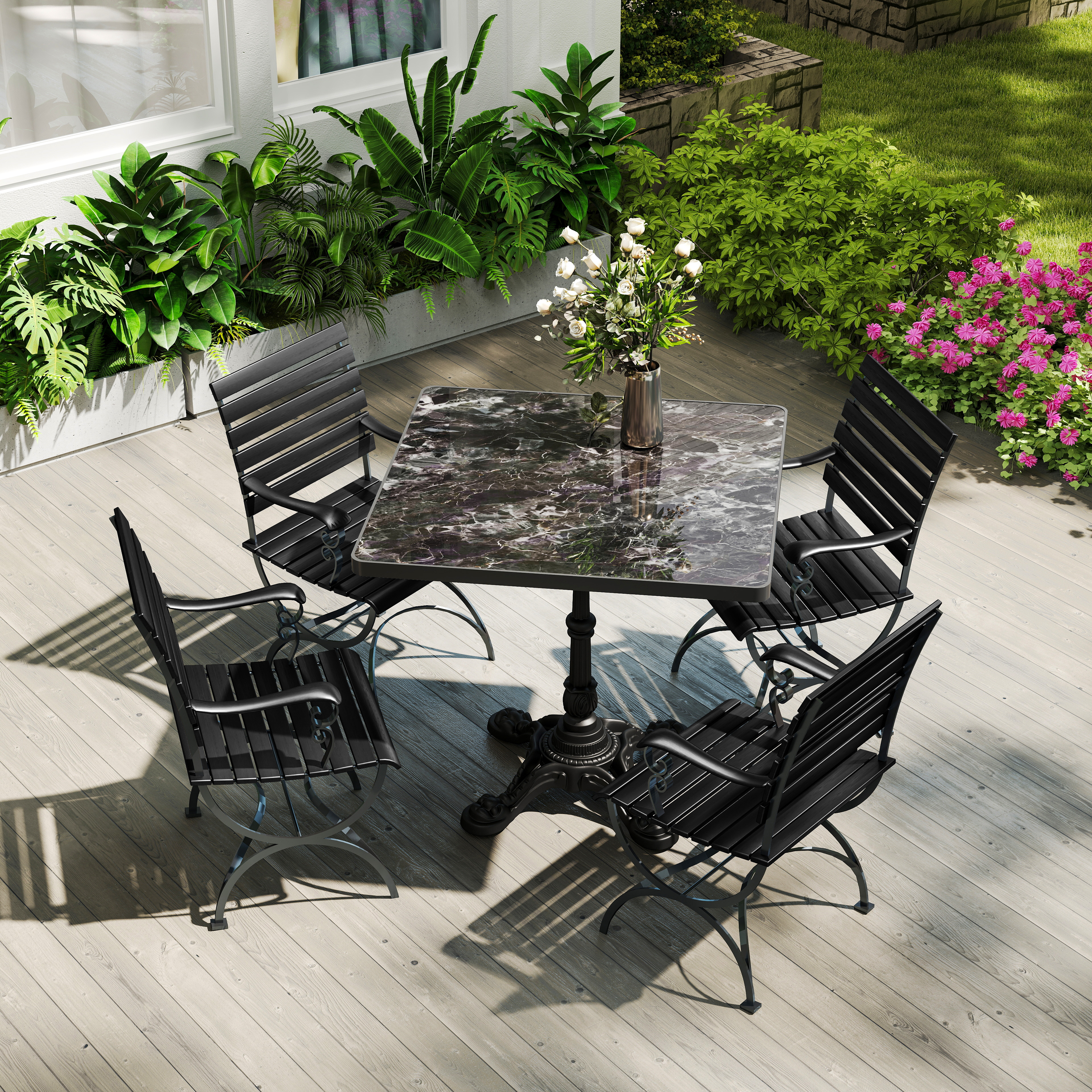 31.5" Square Outdoor Tulip Dining Table, Sintered Stone Tabletop with Luxury Faux Marble Print, Heavy Duty Cast Iron Base, Scratch & Wear Resistant, Waterproof Surface, Ideal for Indoor & Outdoor Use