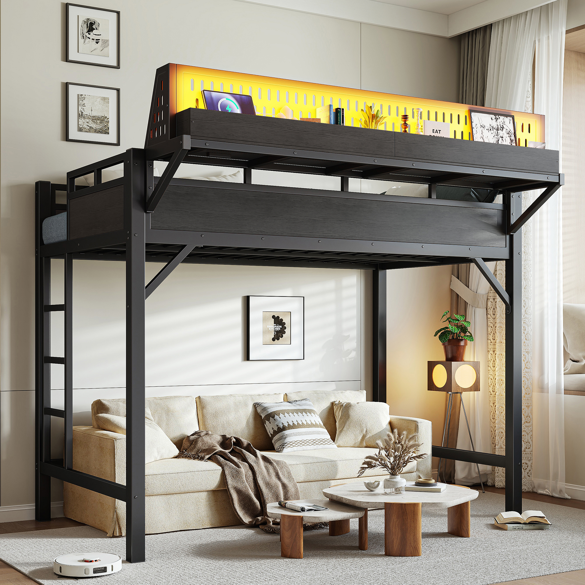 Twin XL Size Loft Bed Frame With Storage Shelves And Pegboard, Metal Loft Bed With USB Ports And LED Lights, Safe And Sturdy, Black