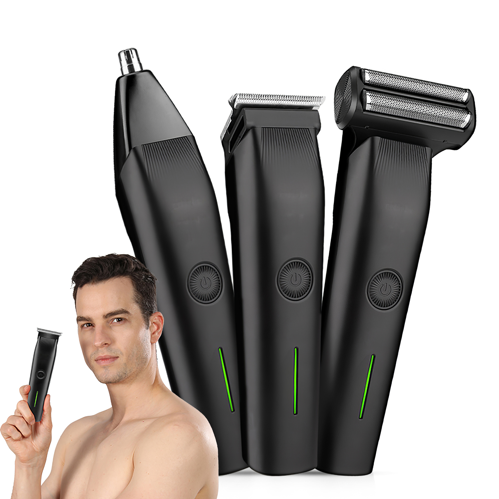 Recortadora de Barba 3 en 1, Kit de Aseo Masculino para Cara, Nariz y Orejas, Negro