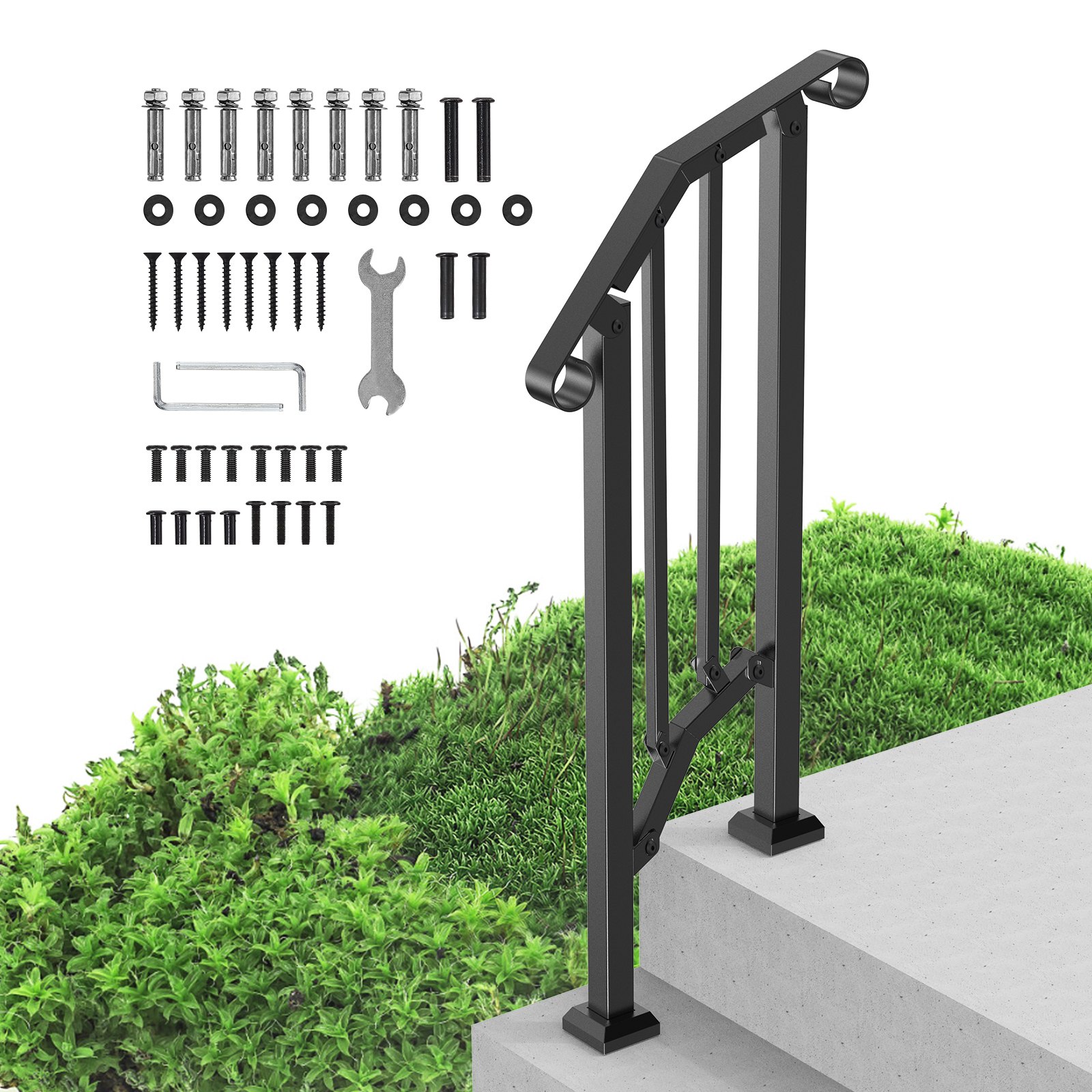 1-2 Step Handrails For Outdoor For Seniors Porch Deck Retro Arch Black