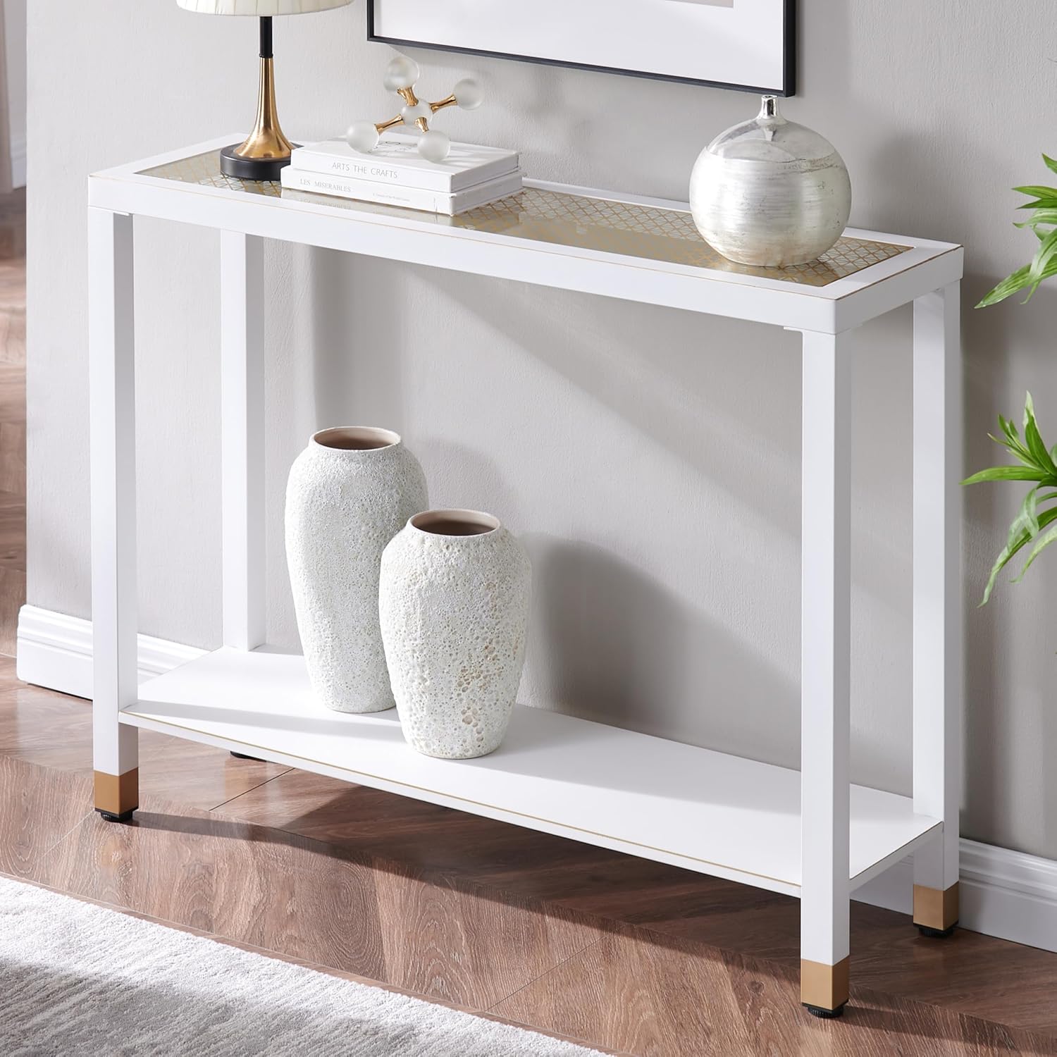 Glass Entryway Table, 2-Tier Entry Way Console Entrance Table, 41 L Narrow Sofa Table With Shelves, Ideal For Hallway, Entryway, Living Room, Foyer, Corridor, And Office ,Gold & White