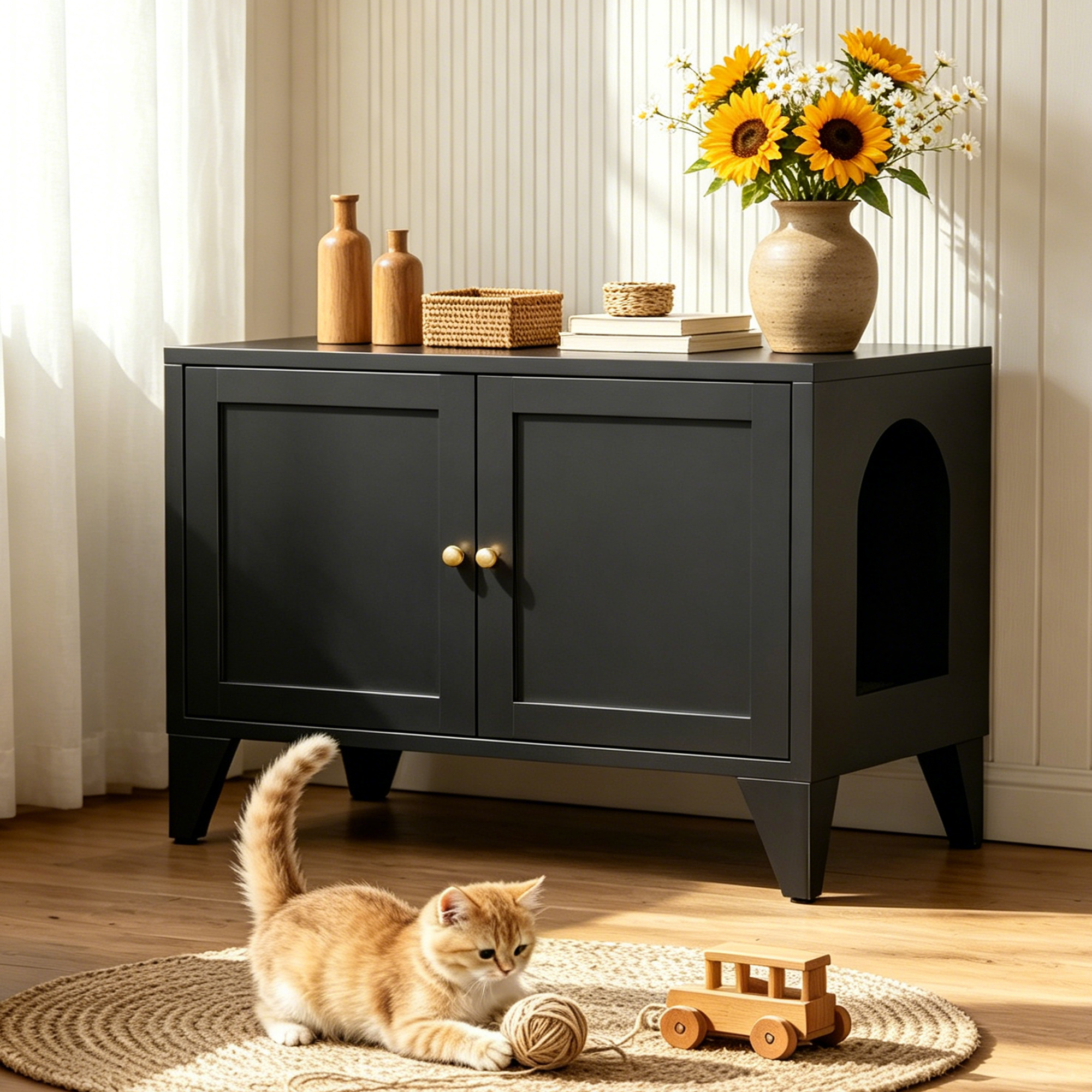 Mueble arenero para gatos de metal, moderno y oculto, mesa auxiliar decorativa negra