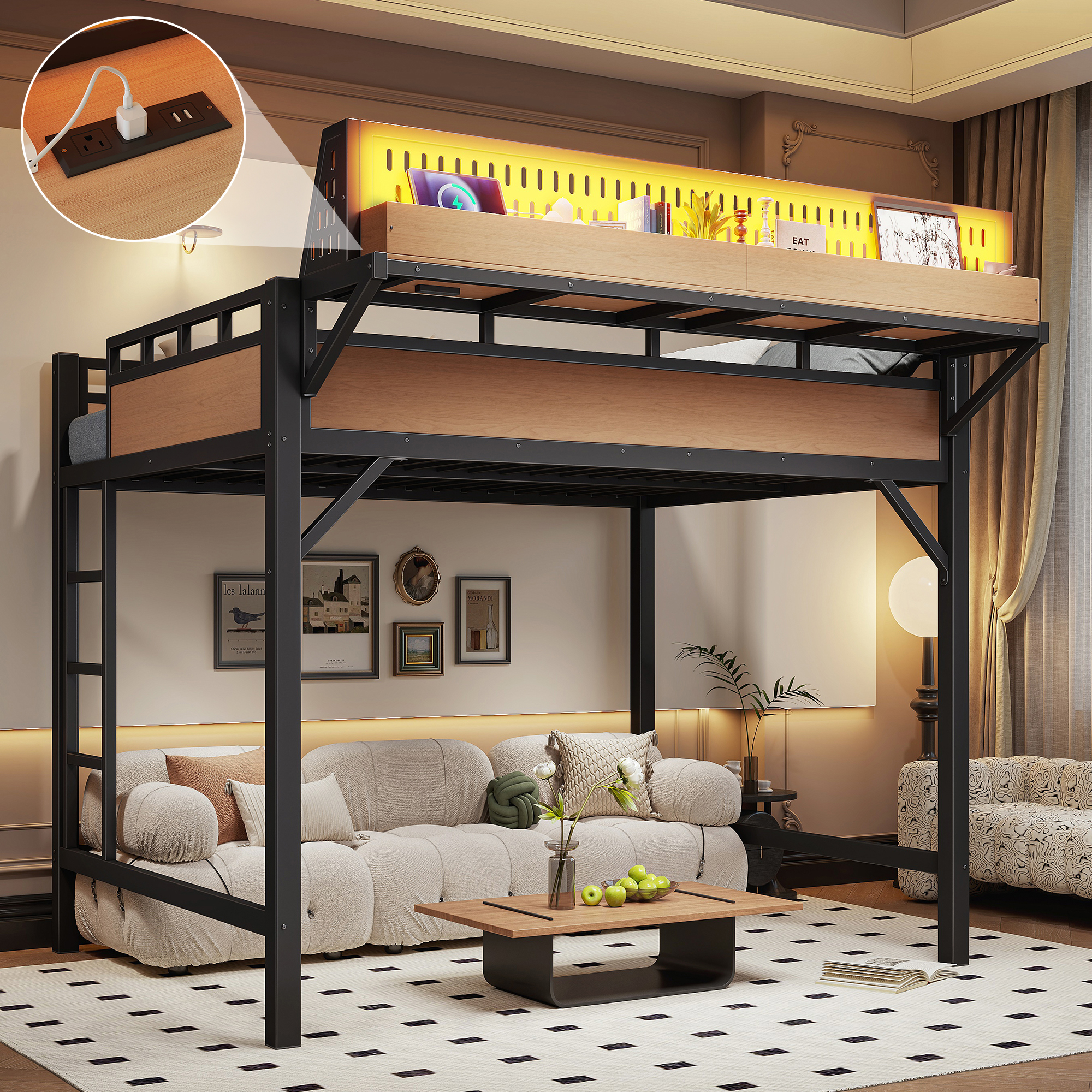 Cama alta matrimonial de metal con estantes, panel perforado, USB y luces LED, natural