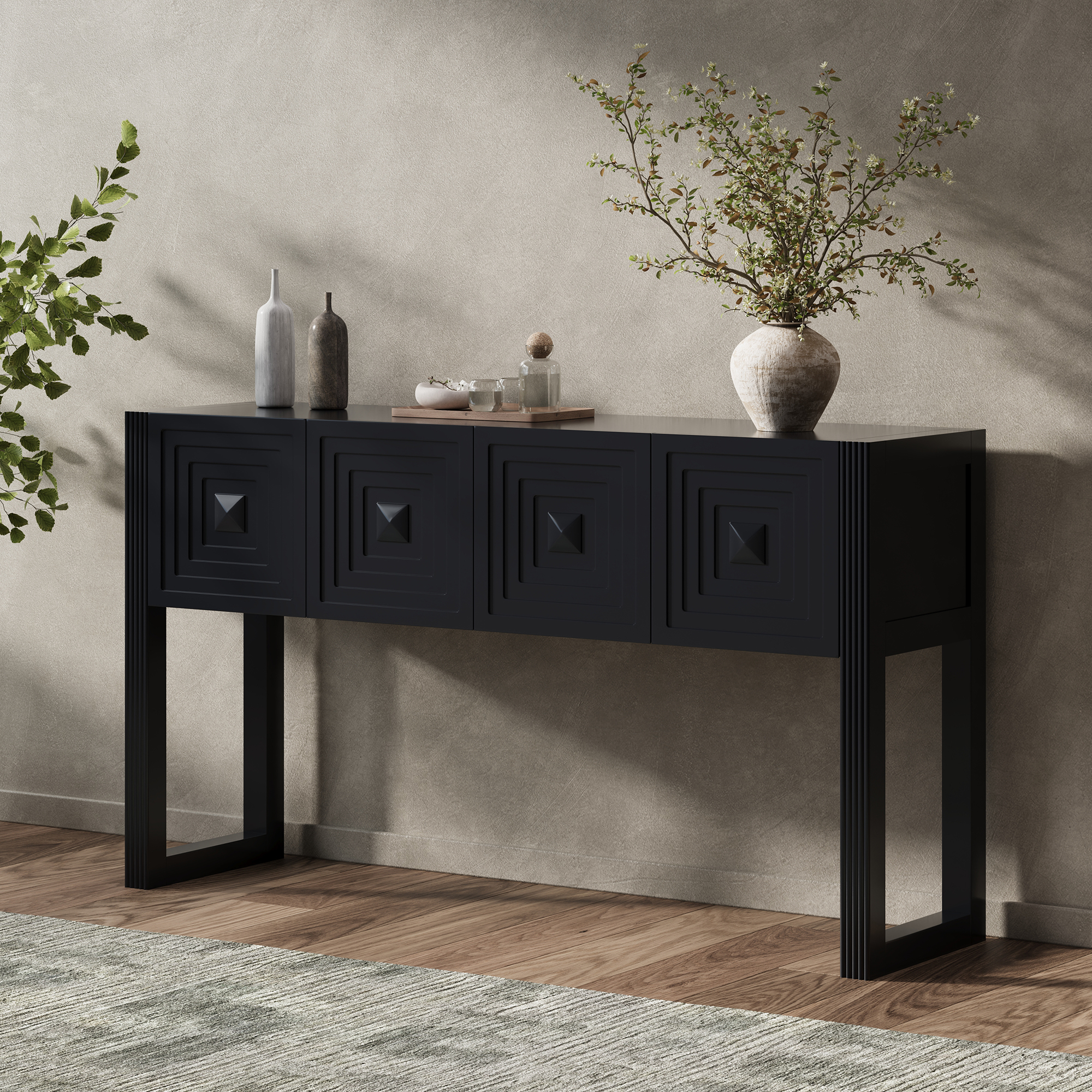 Video  Geometric Carved Console Table With 3 Soft-Close Drawers, Fluted Leg Details, Entryway Sofa Table For Living Room Hallway, Black