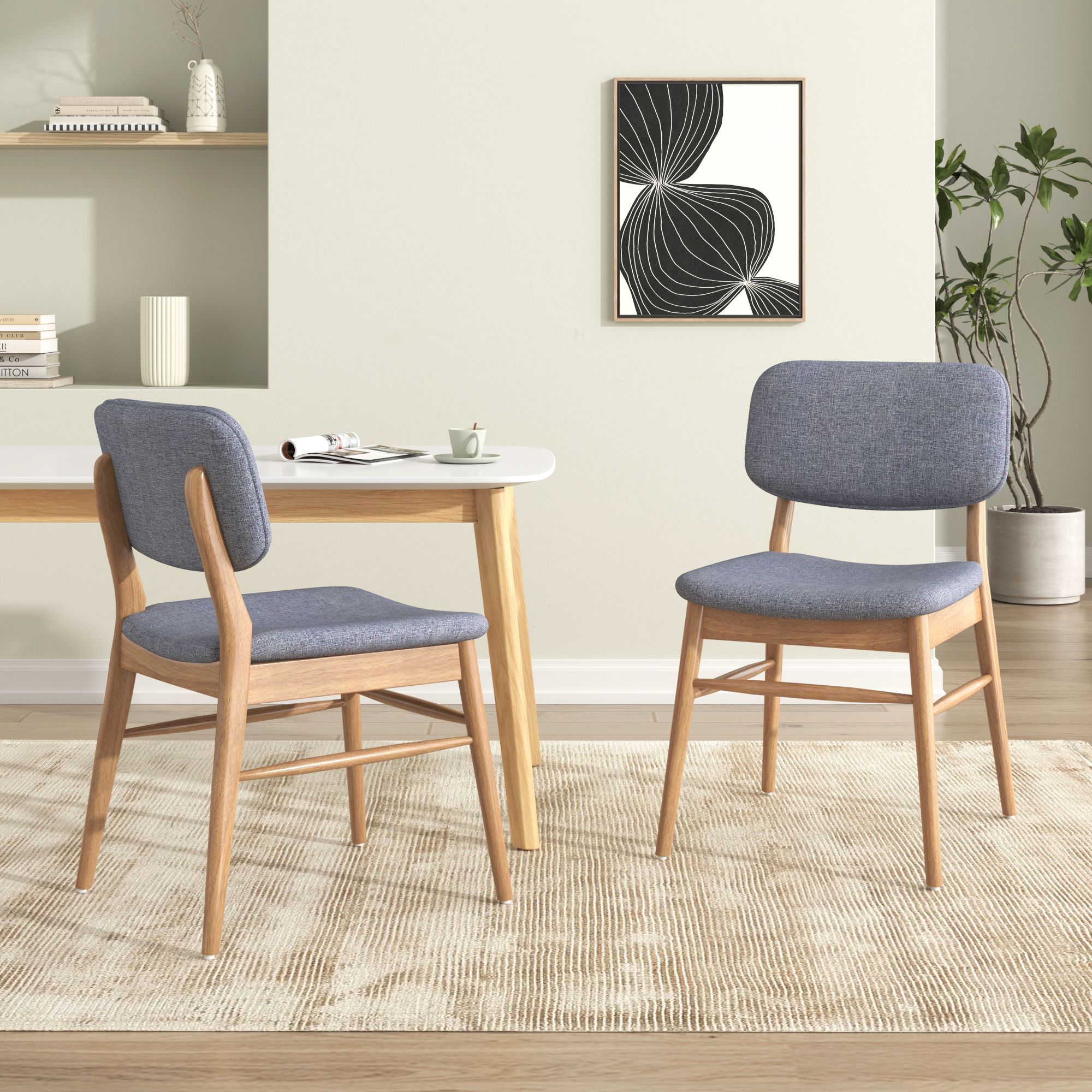 Sillas de comedor tapizadas Mid-Century, juego de 2, estructura de caucho, gris natural