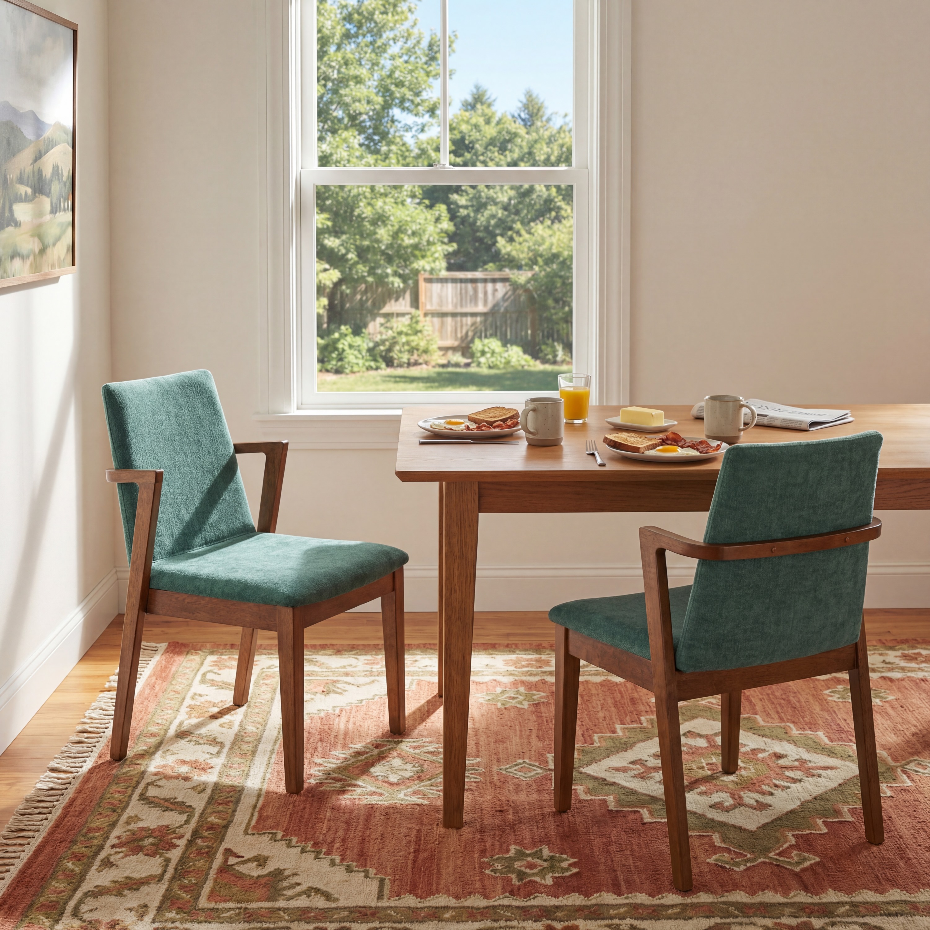 Sillas de comedor modernas de mediados de siglo (Juego de 2), tapizadas en tela verde, 250 libras.