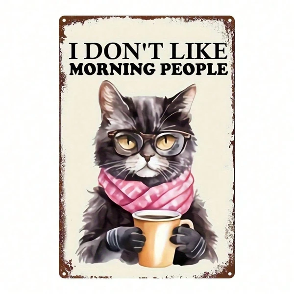 Letrero metálico CIFbuy vintage de gato negro bebiendo café, 8x12 pulgadas