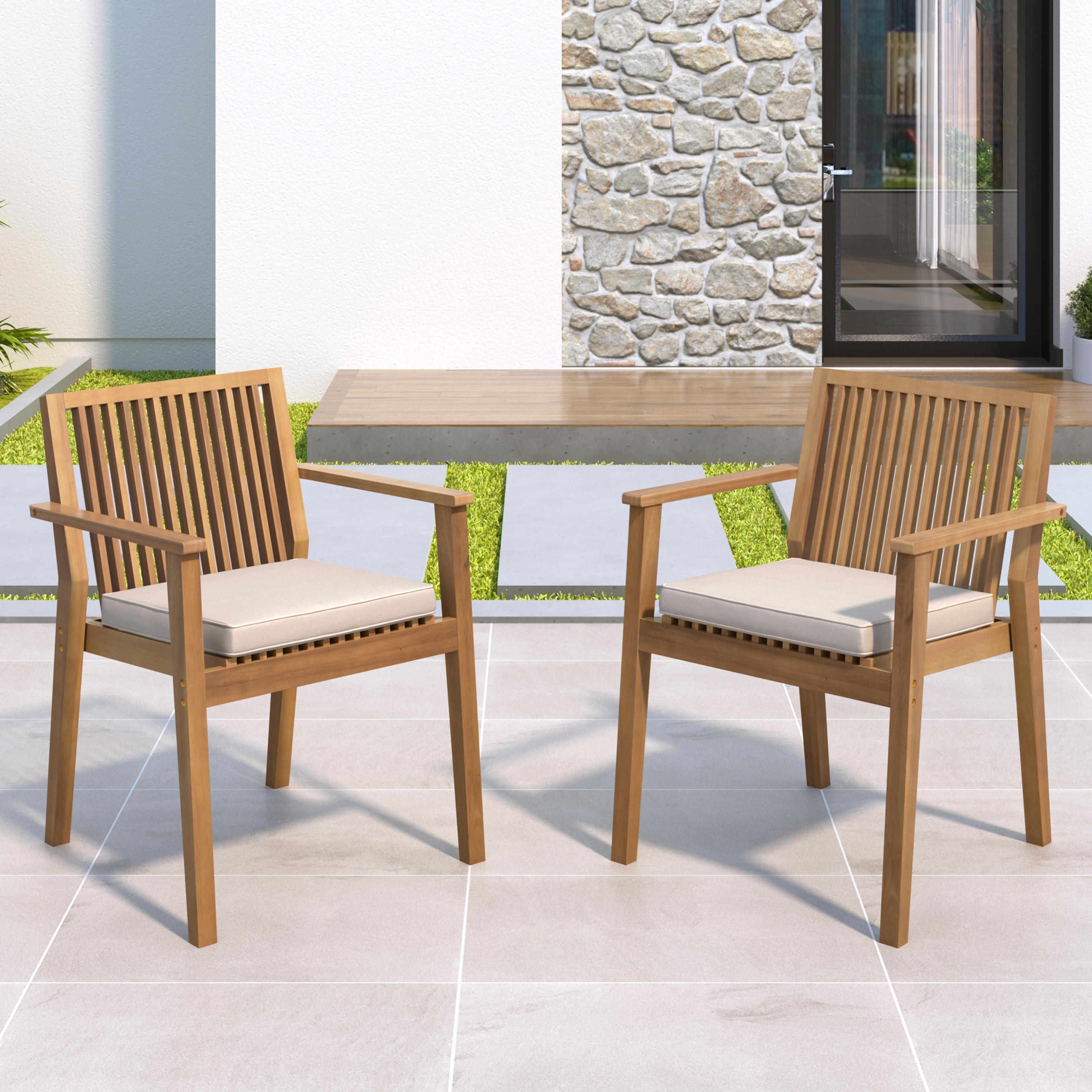 Silla de comedor para patio, juego de 2, madera de acacia, 400 libras, estructura marrón.