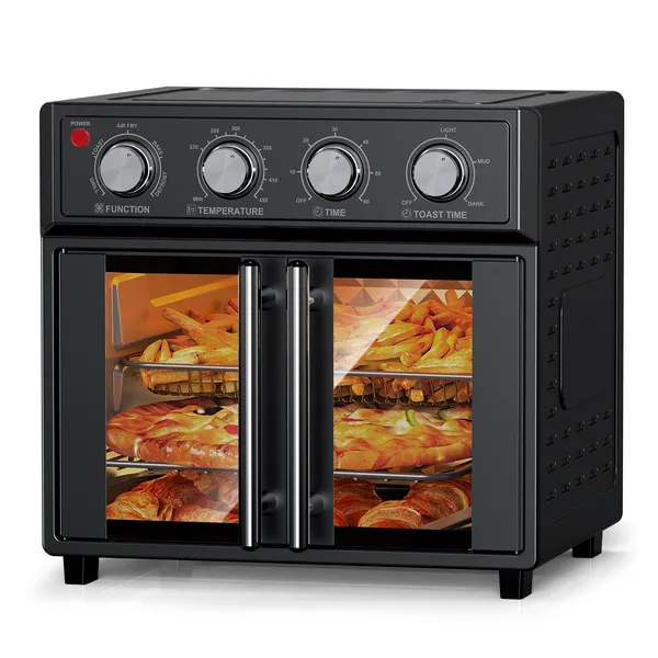 PlumChef 29.5 Quart Extra Large 6 Slices Air Fryer Convection Toaster Oven, French Door, 1700W, Multifunction Oven For Air Fryer, Toast, Grill, Defrost, Bake, Time And Temperature Controls, Black
