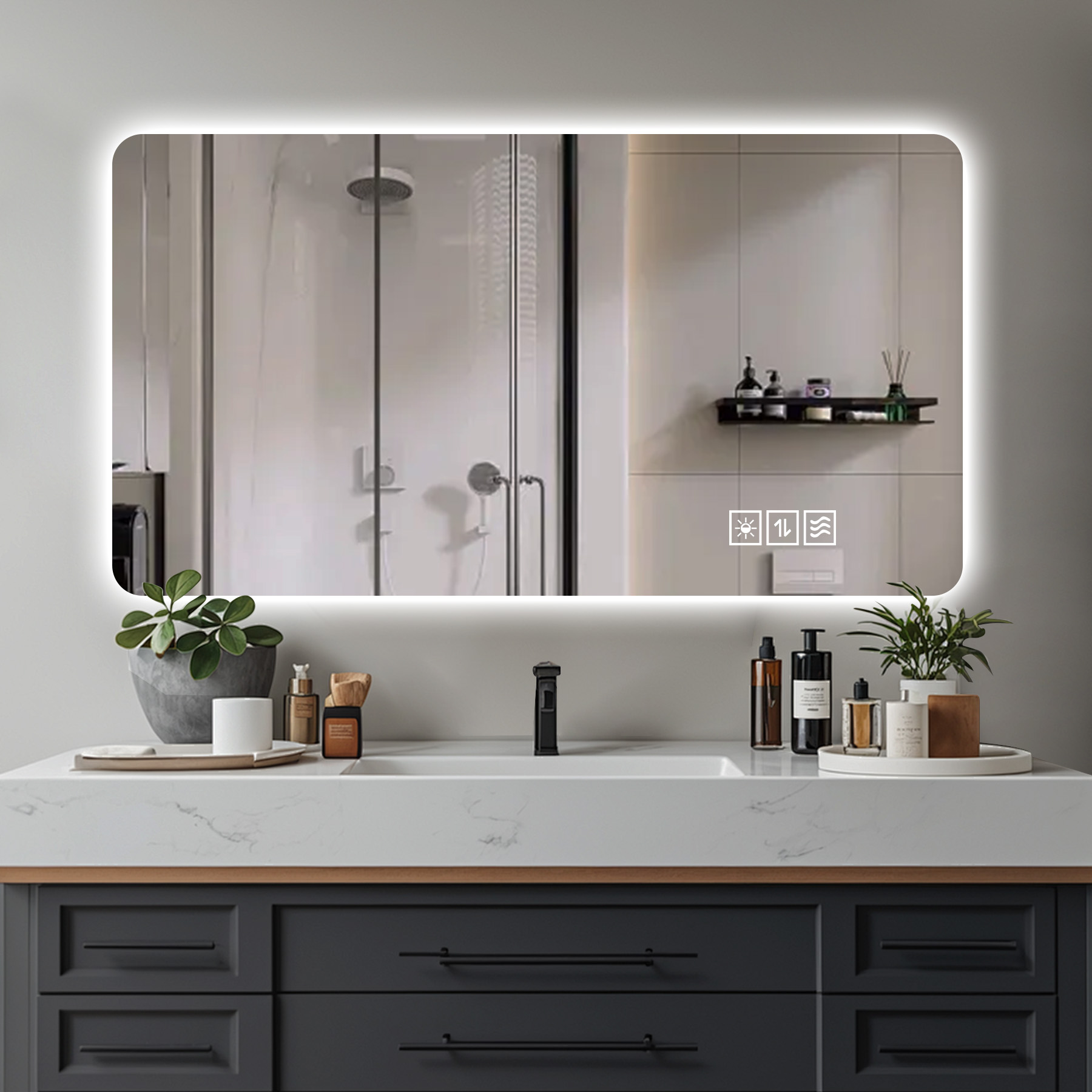 Espejo de pared LED 24x48 pulgadas, 3 colores regulables, antivaho, táctil, IP44