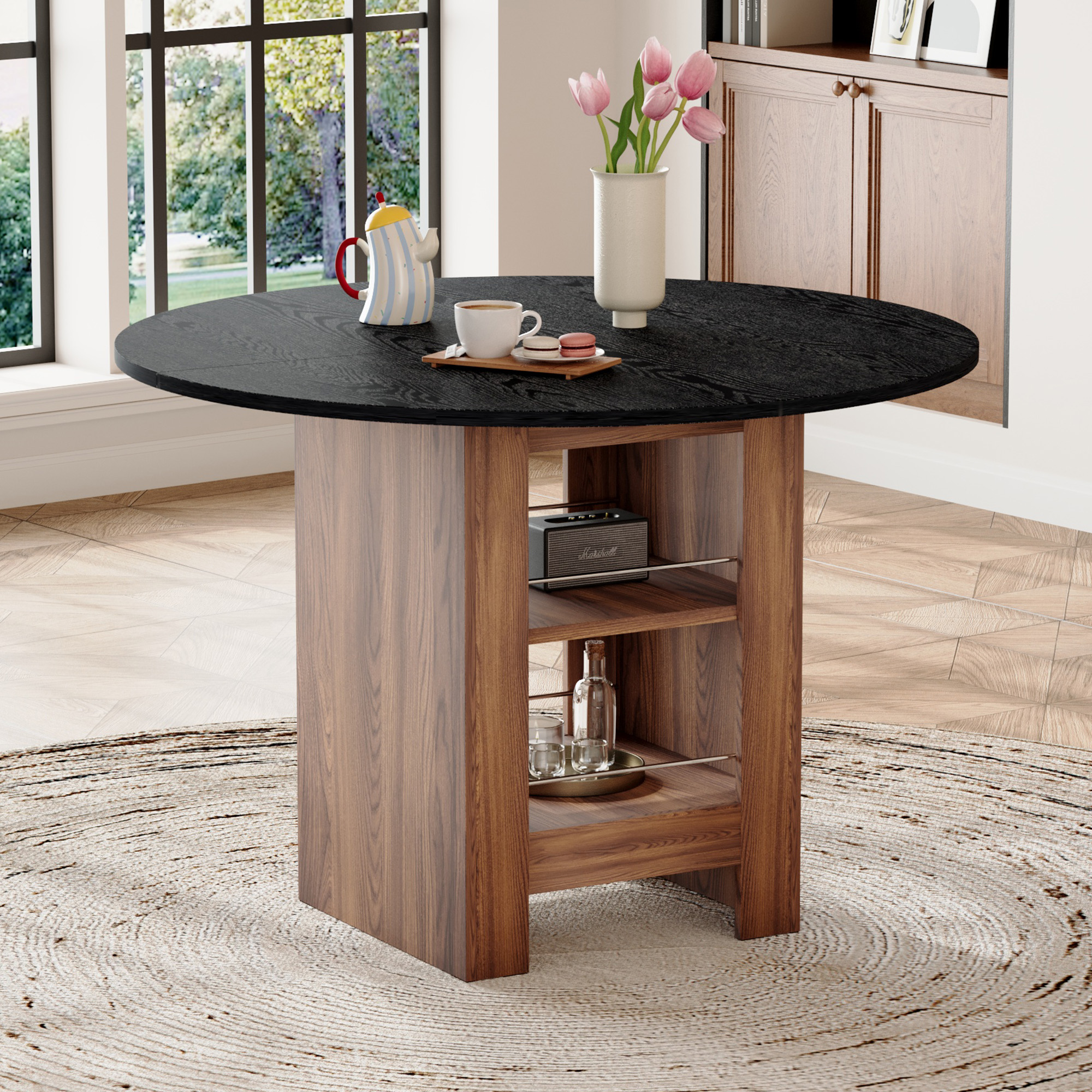 Mesa de comedor redonda de MDF negra de 42 pulgadas, 30 pulgadas de alto, con estantes