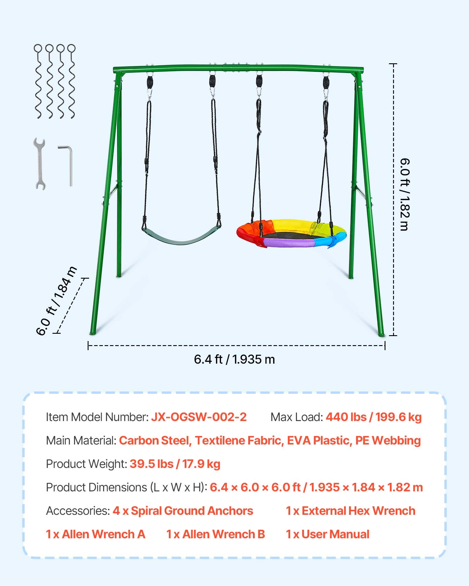 Swing Set For Backyard, 32 In Saucer Swing Seat And Belt Seat, With Heavy Duty A-Frame Metal Stand, 440 Lbs Load Capacity, Reinforced With Spiral Ground Anchors, Swingset Outdoor For Kids